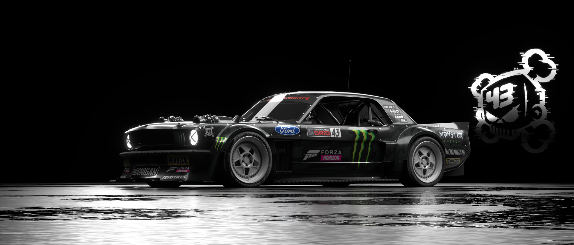 Dark Cars (Pixar)-inspired racing muscle car with gymkhana-style livery on wet reflective pavement — 4K Ultra HD PC desktop wallpaper/background.
