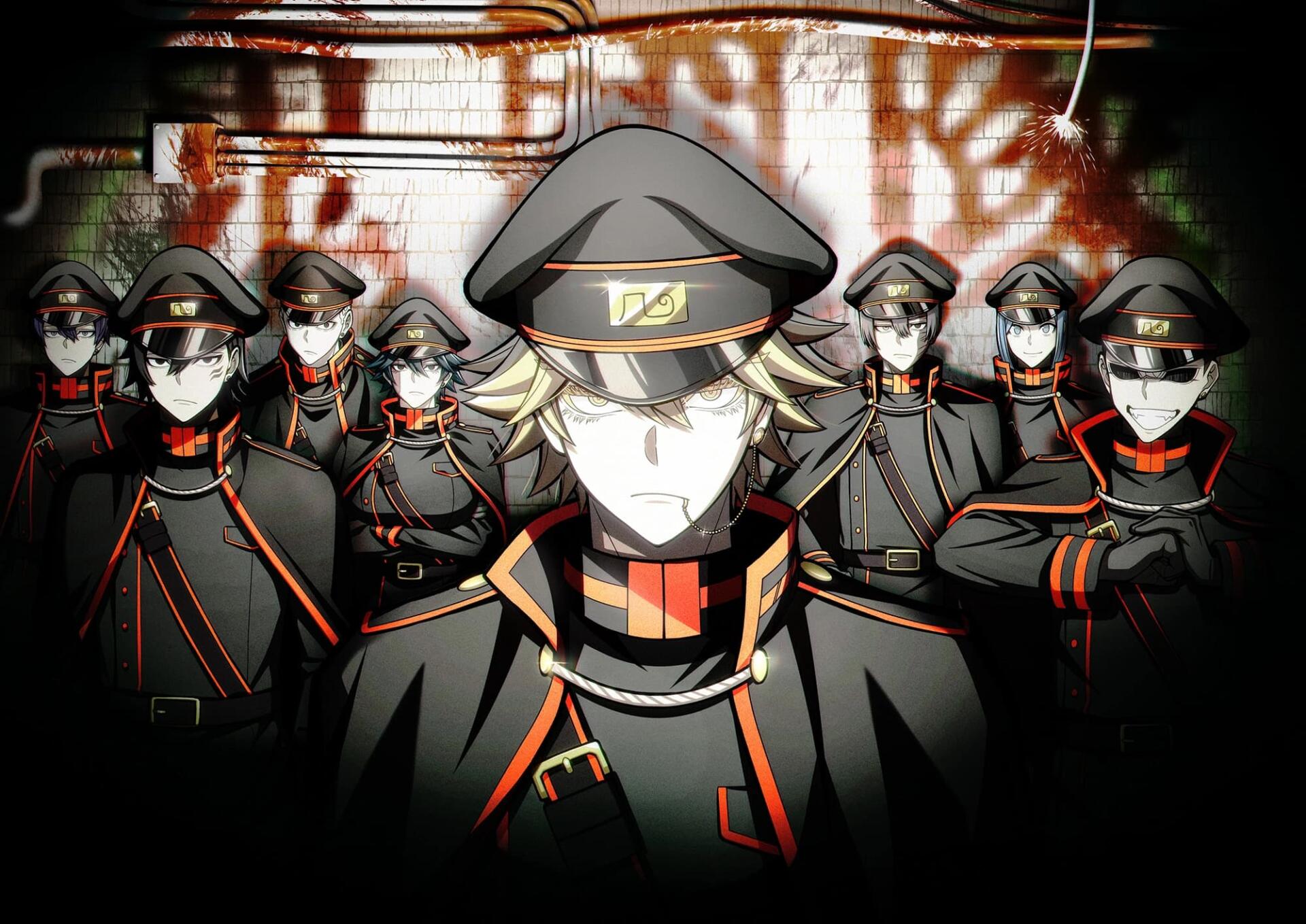 HD PC wallpaper: Tougen Anki's Hayate Todoroki leading uniformed anime soldiers in dark military coats and caps, stern faces set against a gritty, graffitied backdrop.