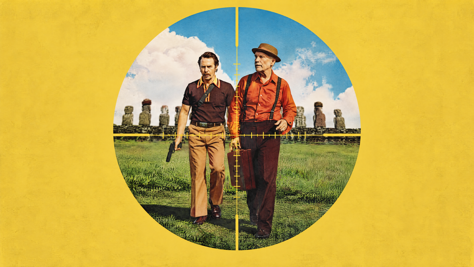 4K Ultra HD PC wallpaper Wild Horse Nine: two men walk across a grassy plain with stone monoliths under a blue sky, viewed through a circular crosshair on a yellow background.