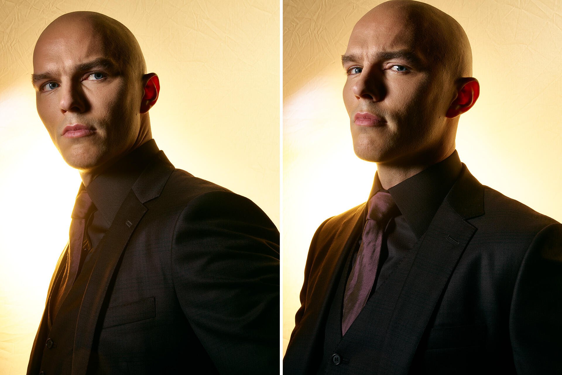 HD PC desktop wallpaper: two-panel portrait of a bald man in a dark suit with warm backlight, styled as Superman (2025) from DC Comics.