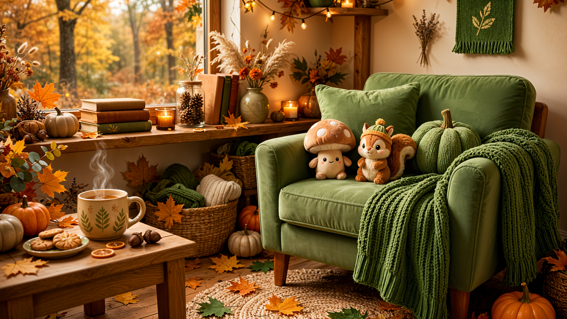 Cozy fall 4K Ultra HD PC desktop wallpaper: autumn living room scene with green armchair, plush toy squirrels and mushrooms, steaming mug, pumpkins and warm golden foliage through the window.