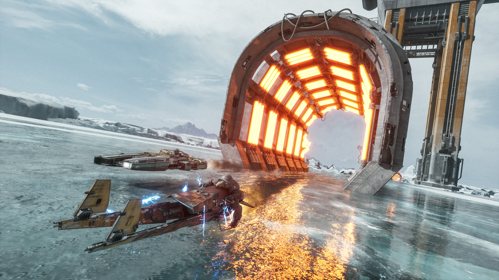 Star Wars: Galactic Racer 4K Ultra HD PC desktop wallpaper — sleek racing aircraft on an icy runway beside a glowing launch tunnel.