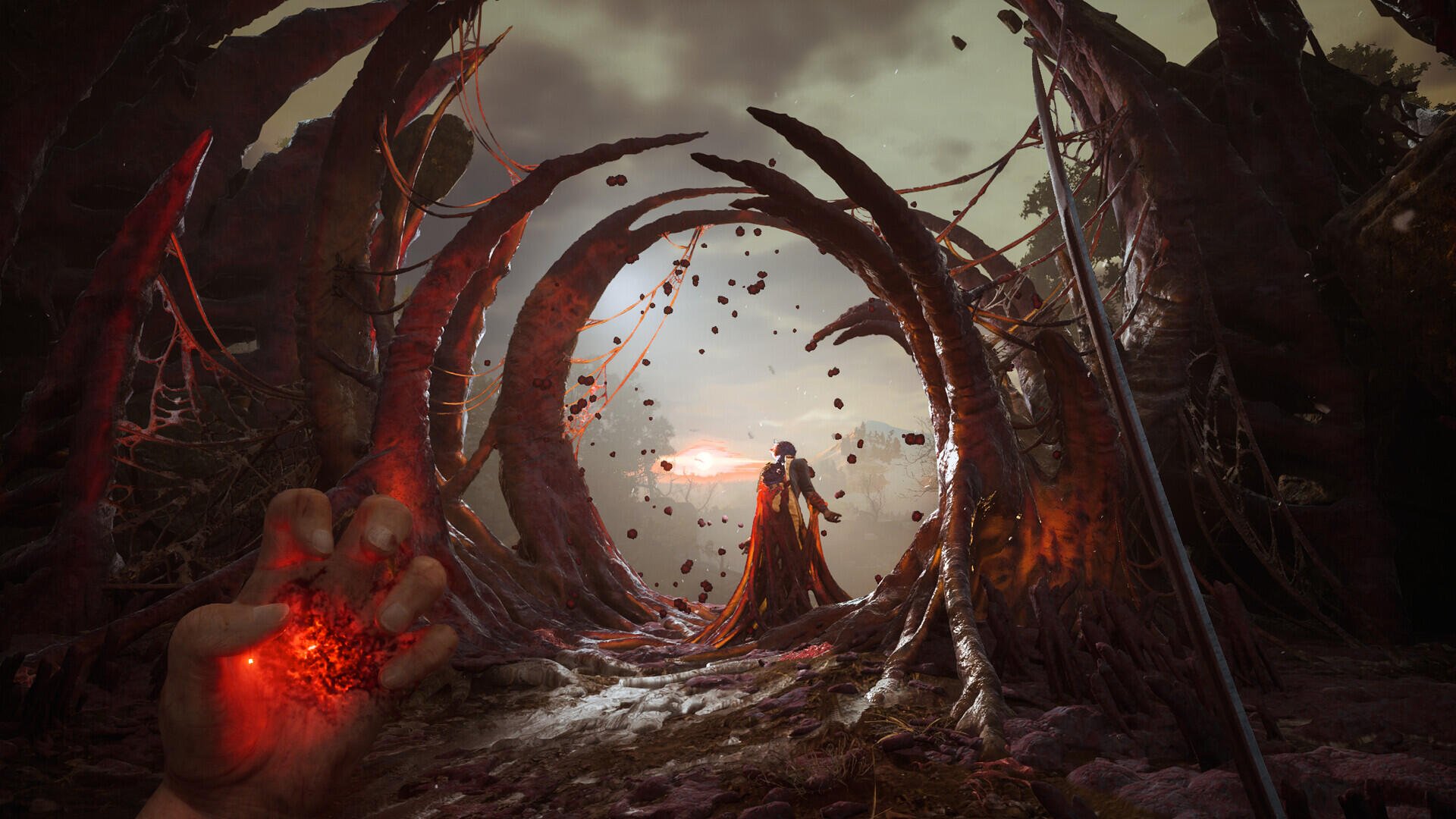 HD PC desktop wallpaper/background: Valor Mortis — hooded figure faces a blood-streaked ring portal in twisted ruins, embers and falling ash.