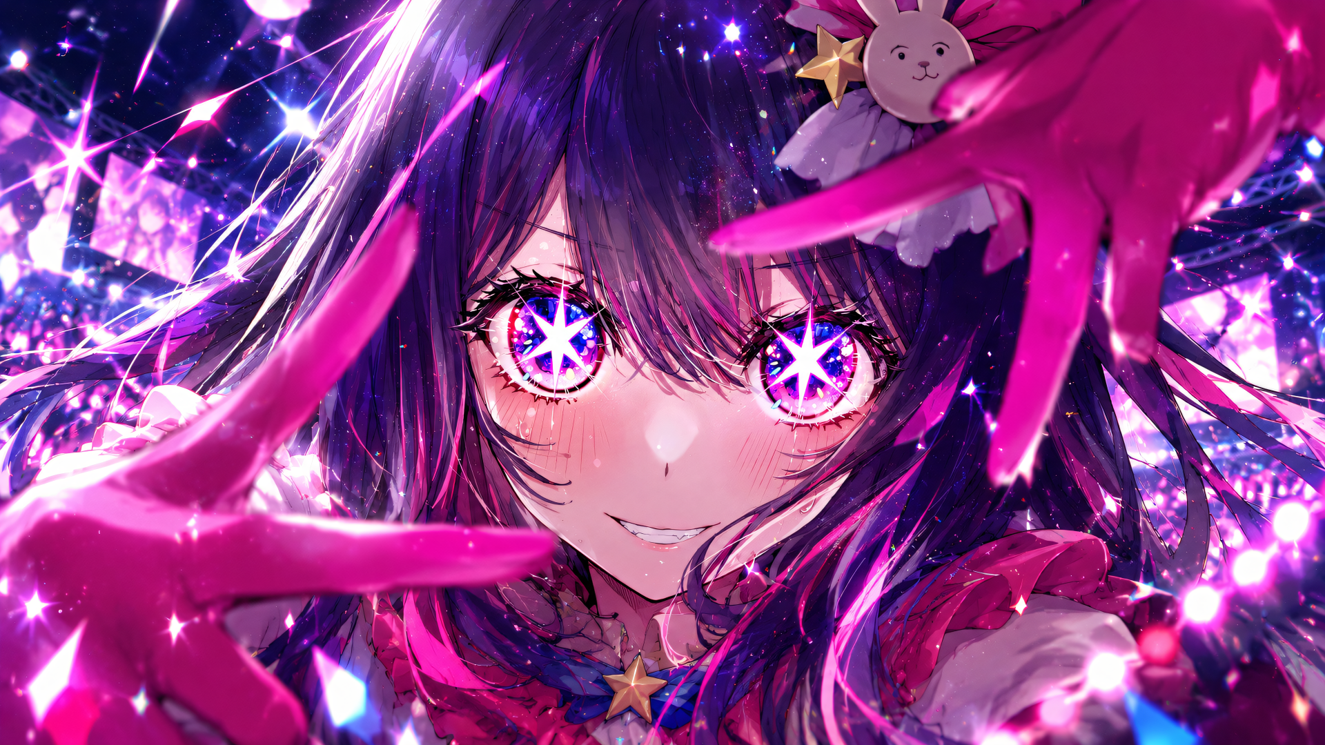 4K Ultra HD PC wallpaper: anime portrait of Ai Hoshino (Oshi no Ko), a girl with neon pink-purple hair, star-shaped glowing eyes and gloved hands framing her face against a sparkling landscape.