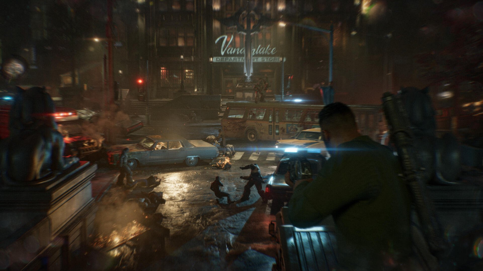 Gears of War: E-Day night street — soldiers engage in a firefight amid rain-slicked urban ruins; HD PC desktop wallpaper background.