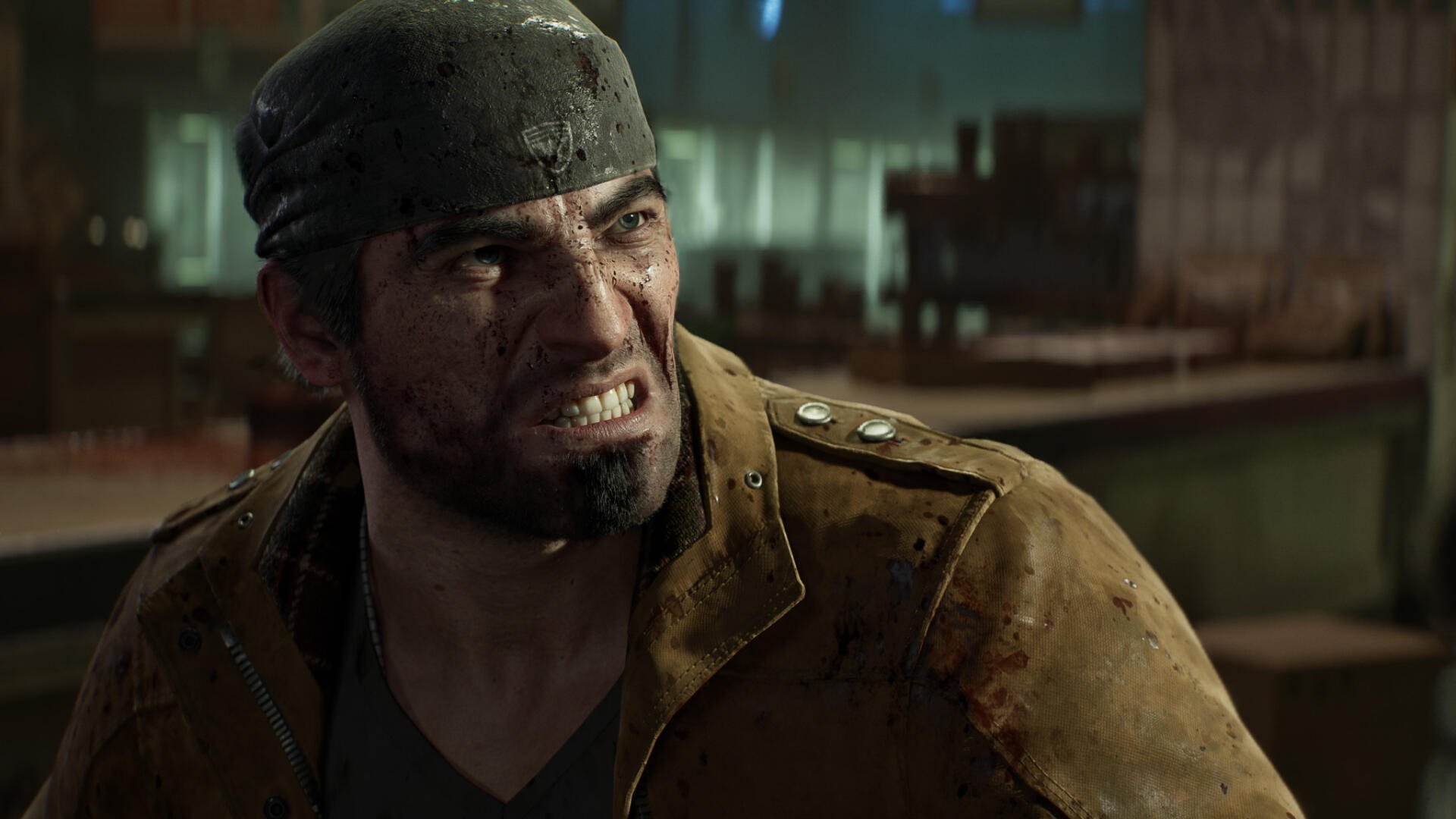 HD PC desktop wallpaper of Marcus Fenix from Gears of War: E-Day — a gritty soldier in a bandana and battle-worn jacket snarling amid smoky urban ruins.