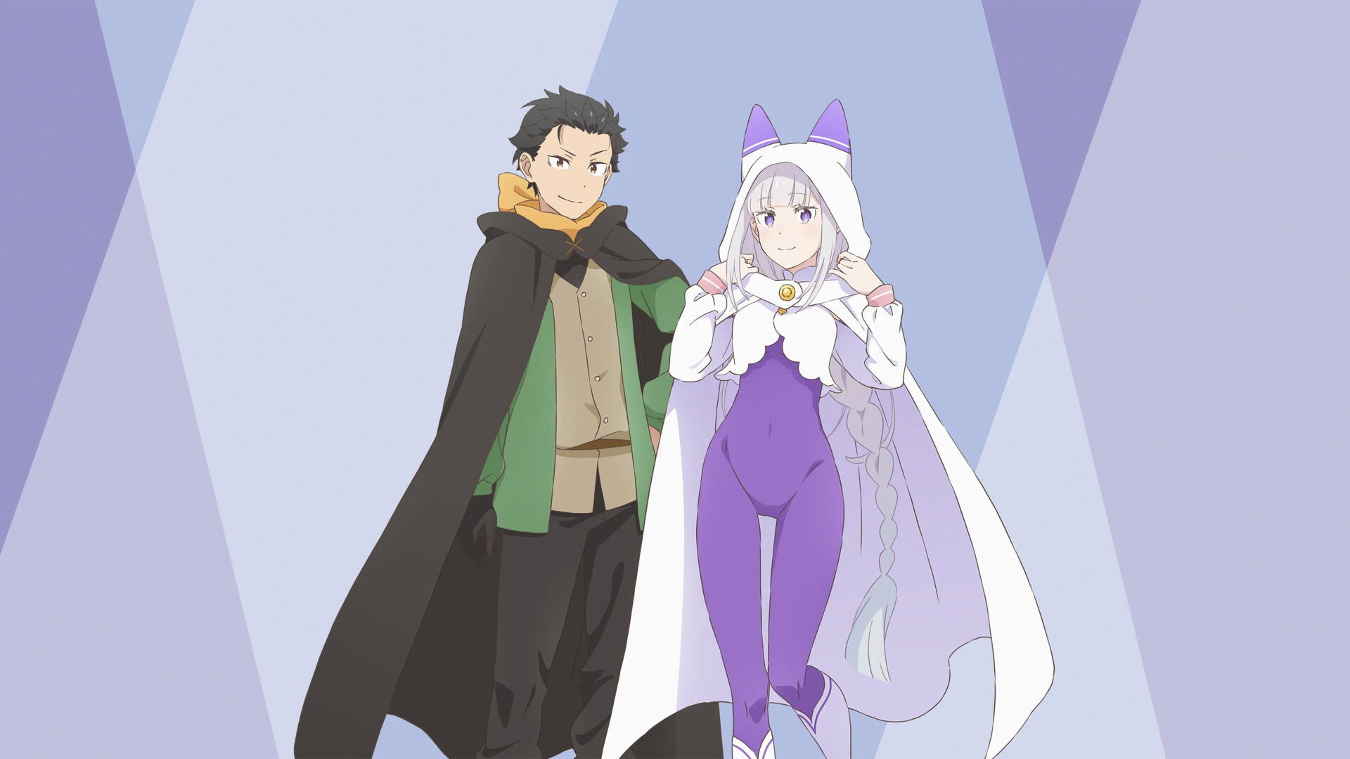Re:Zero – Starting Life in Another World 4K Ultra HD PC wallpaper showing Subaru Natsuki and Emilia standing side by side against a stylized purple geometric background.