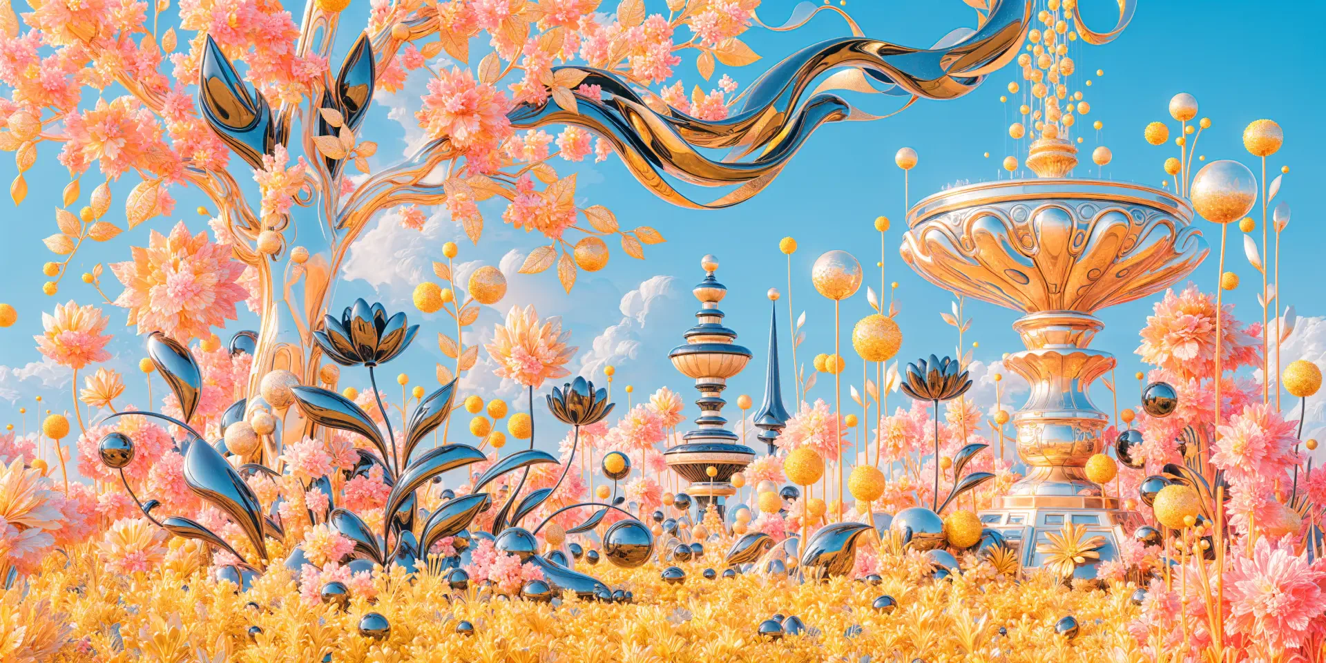 Vibrant 4K Ultra HD PC desktop wallpaper and background: a fantastical flower garden of golden blossoms, ornate fountains and flowing ribbons beneath a bright blue sky.