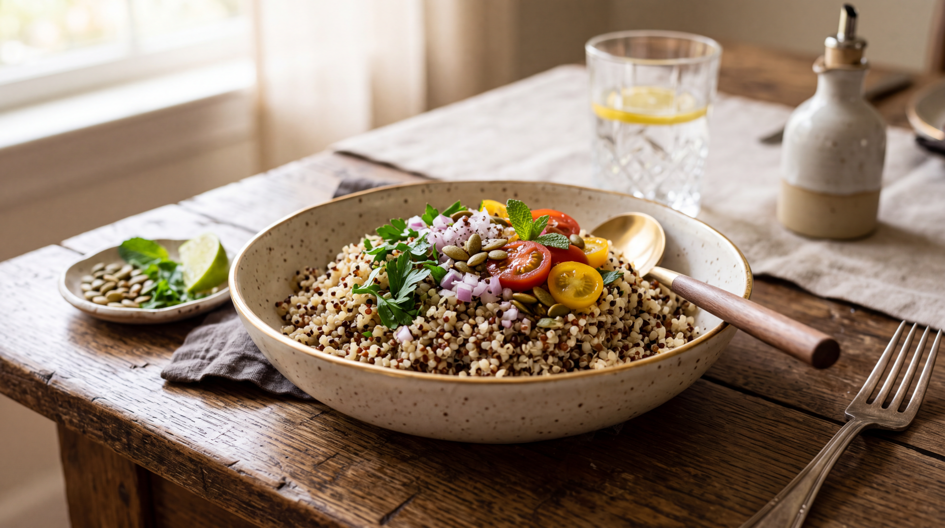 5K Ultra HD PC desktop wallpaper: rustic bowl of quinoa salad topped with cherry tomatoes, herbs and seeds, beside a glass of lemon water on a weathered wooden table.