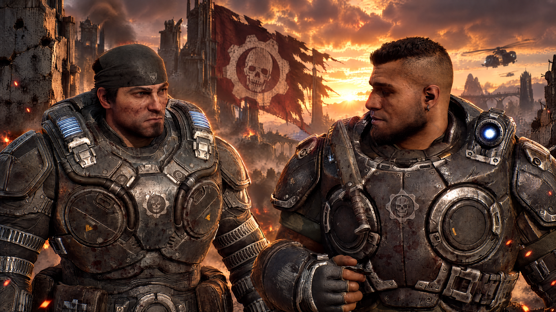 4K Ultra HD PC wallpaper: Marcus Fenix and Dominic Santiago in heavy COG armor, soldiers standing amid a ruined city with a Gears of War E-Day flag and fiery sunset.