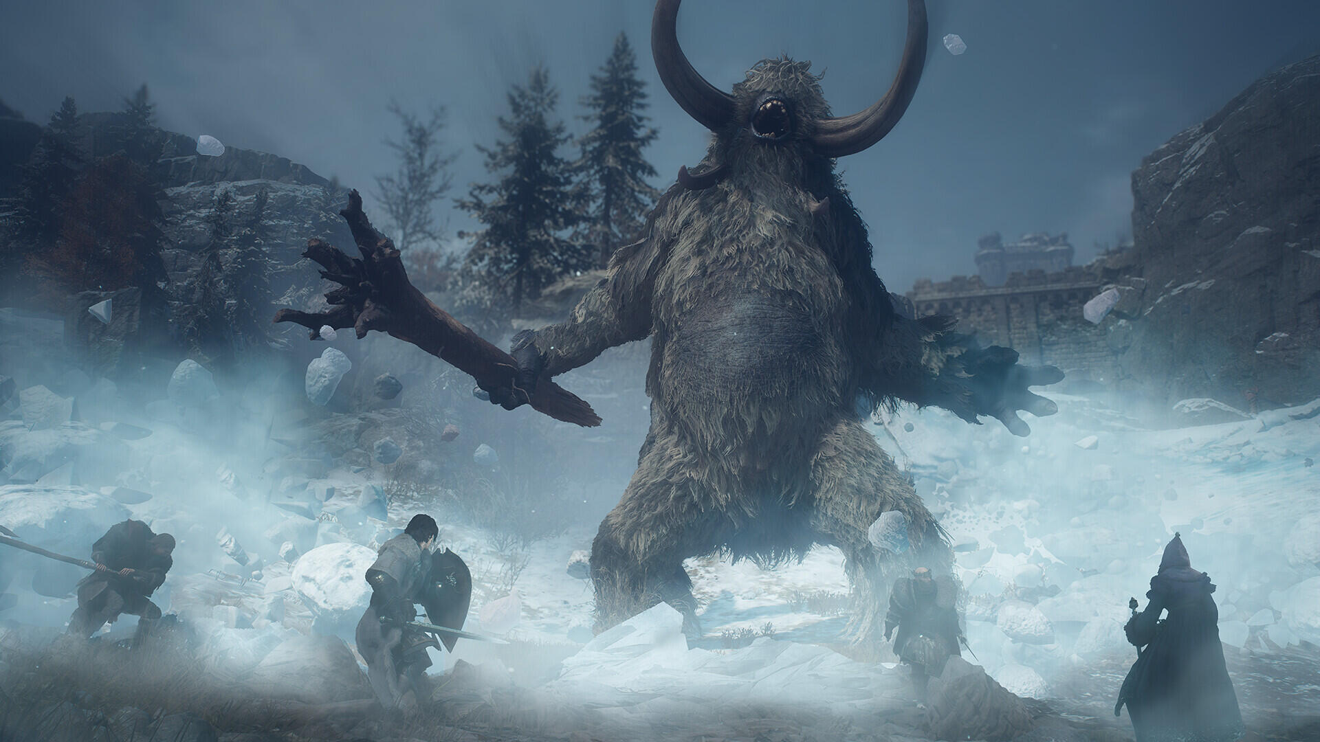 Dragon's Dogma 2 HD PC desktop wallpaper and background: a towering horned giant monster looms over armed figures in a snowy, moonlit battlefield.