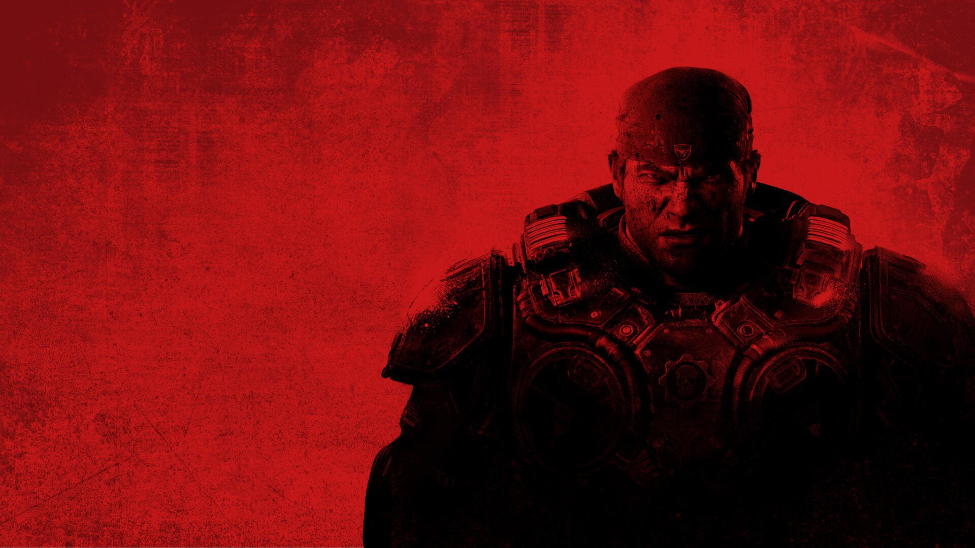 HD PC desktop wallpaper of Marcus Fenix in heavy armor, brooding against a blood-red E-Day backdrop from Gears of War.