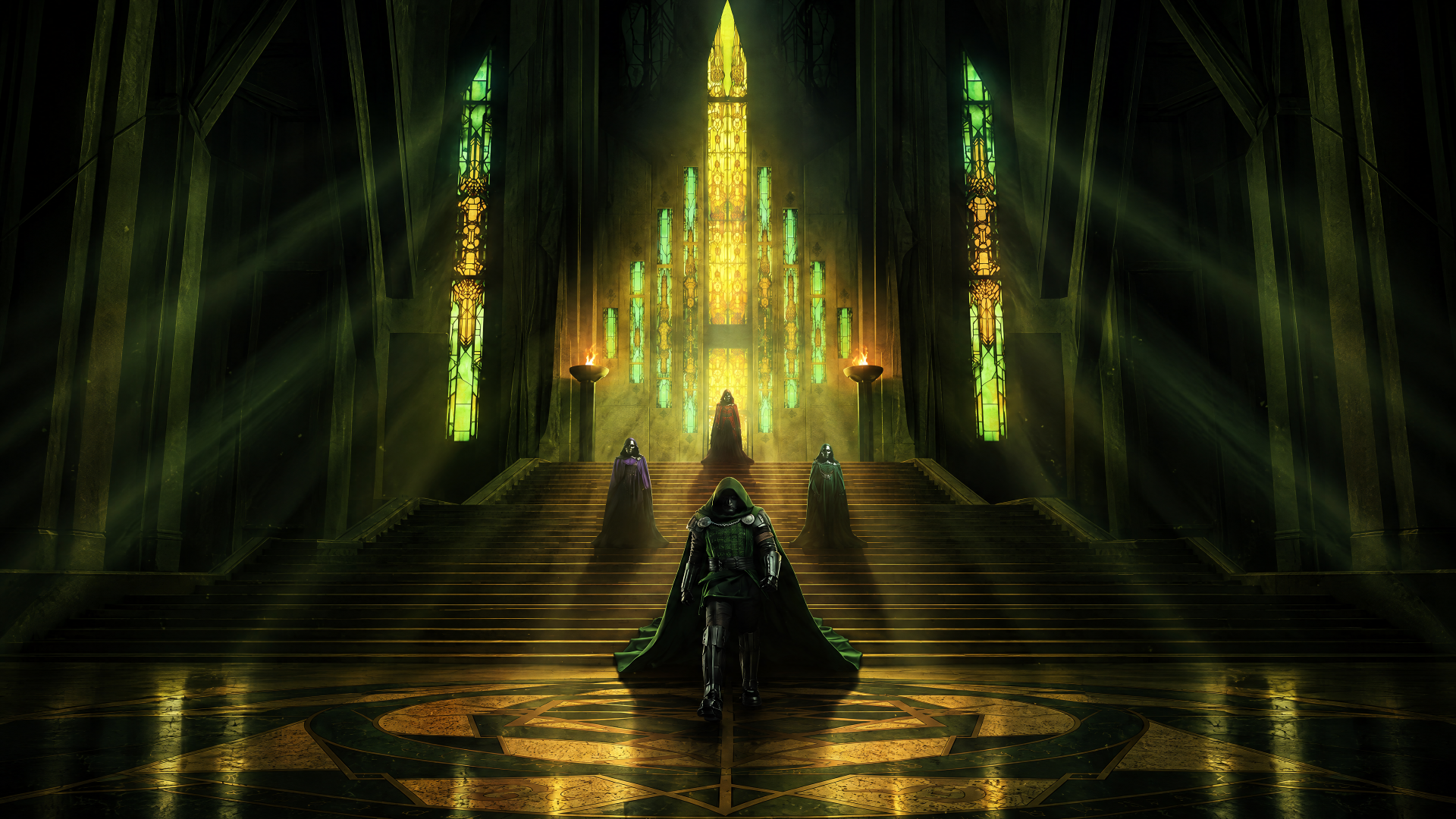 4K Ultra HD PC desktop wallpaper: Doctor Doom stands before a glowing throne in a vast castle as Avengers: Doomsday figures loom, green and gold light flooding the hall.