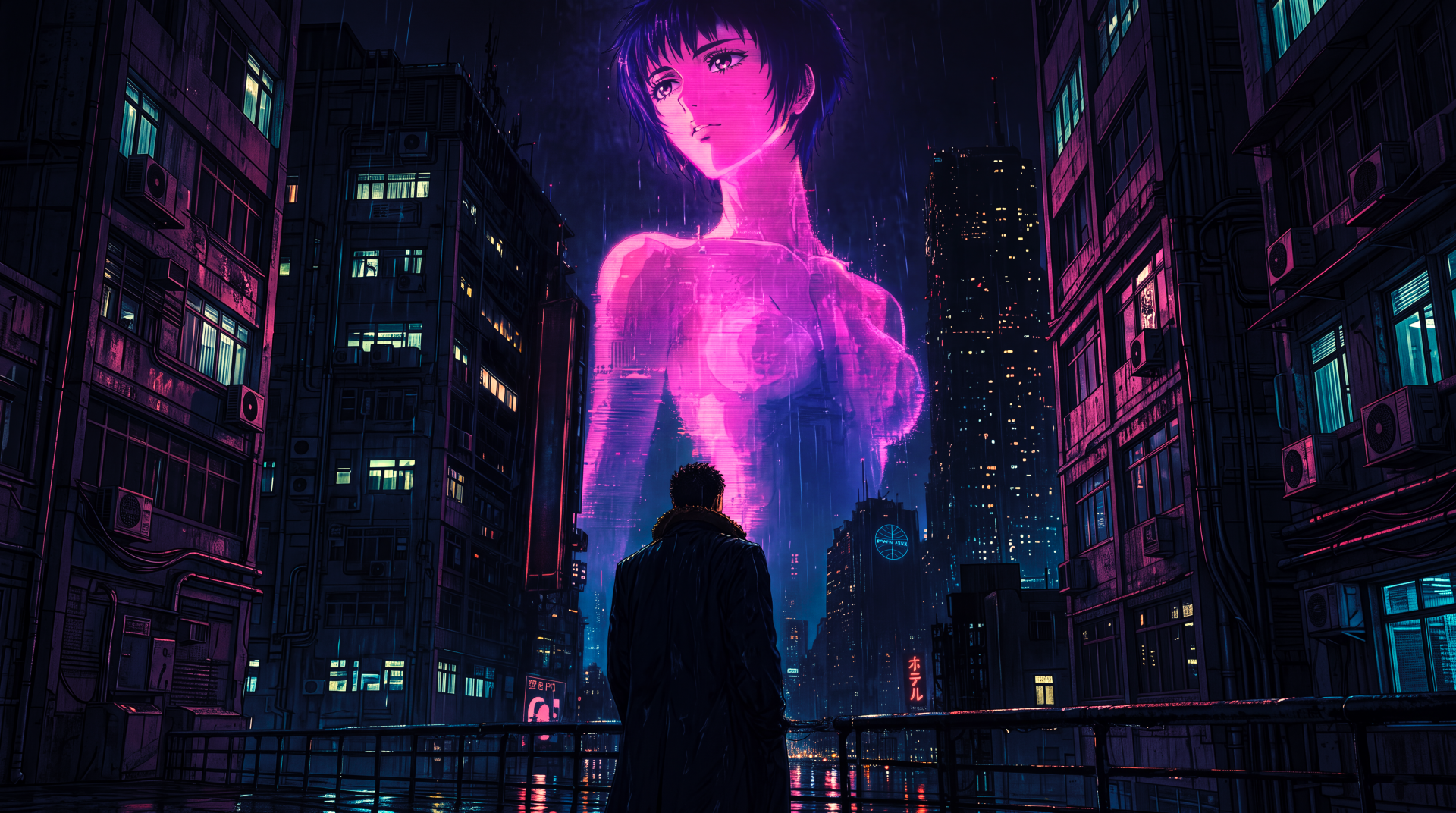 Cyberpunk 5K wallpaper merging Berserk and Blade Runner 2049: silhouetted Guts faces a towering neon hologram of Casca, an anime girl, over a rain‑slick futuristic city.