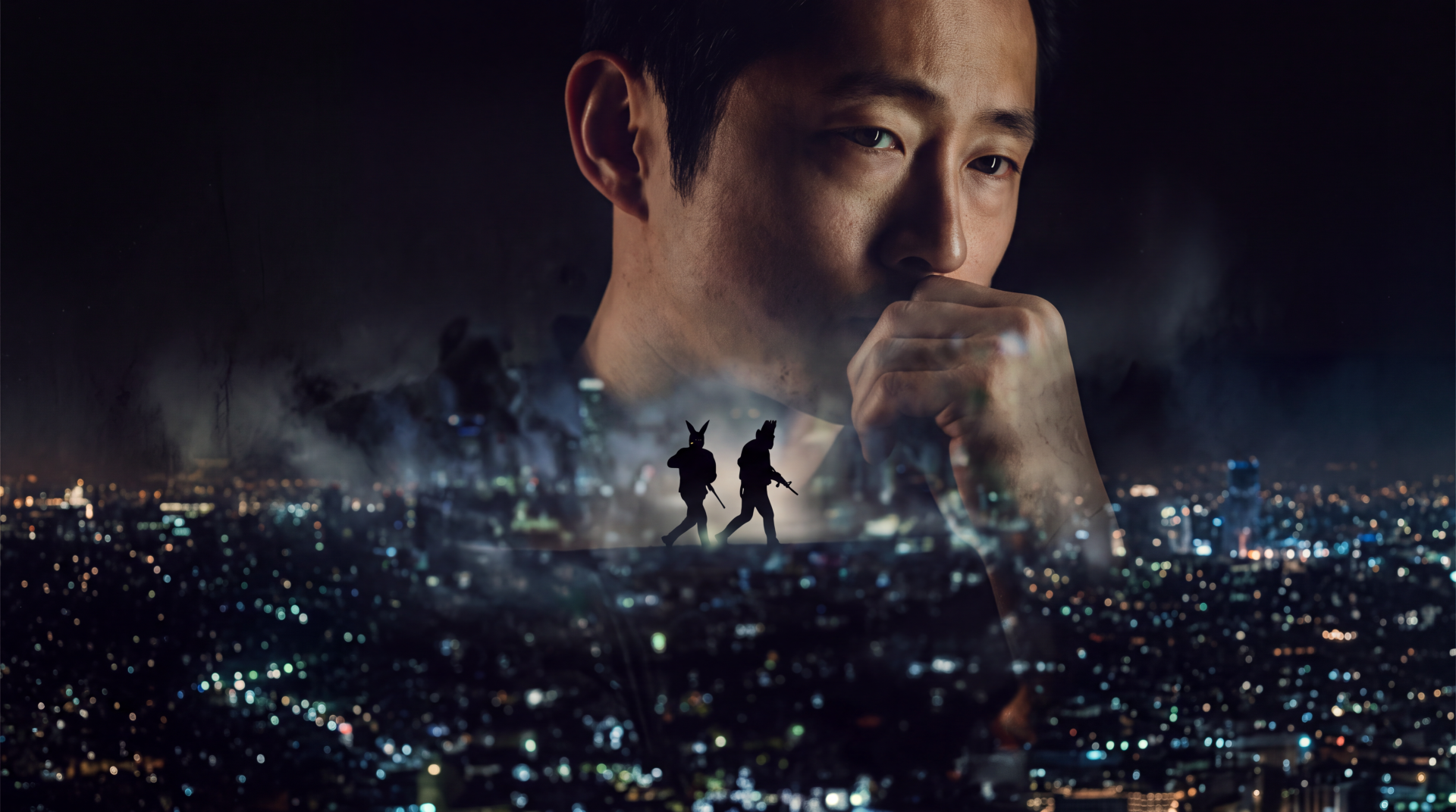 Steven Yeun in Animals (2026), contemplative portrait over a glowing nighttime cityscape, 5K Ultra HD desktop wallpaper.