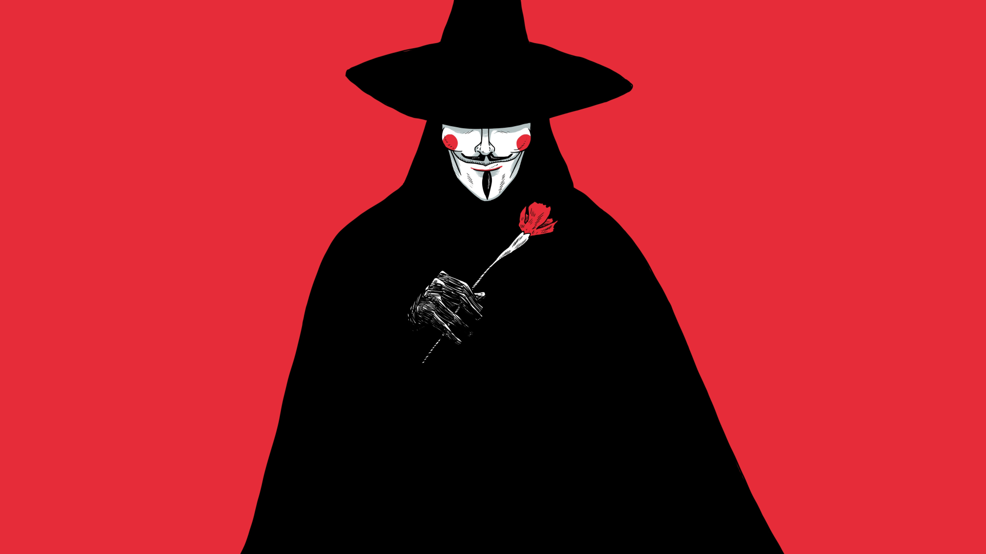 V for Vendetta masked figure holding a red rose against a bold red background, 4K Ultra HD PC desktop wallpaper.