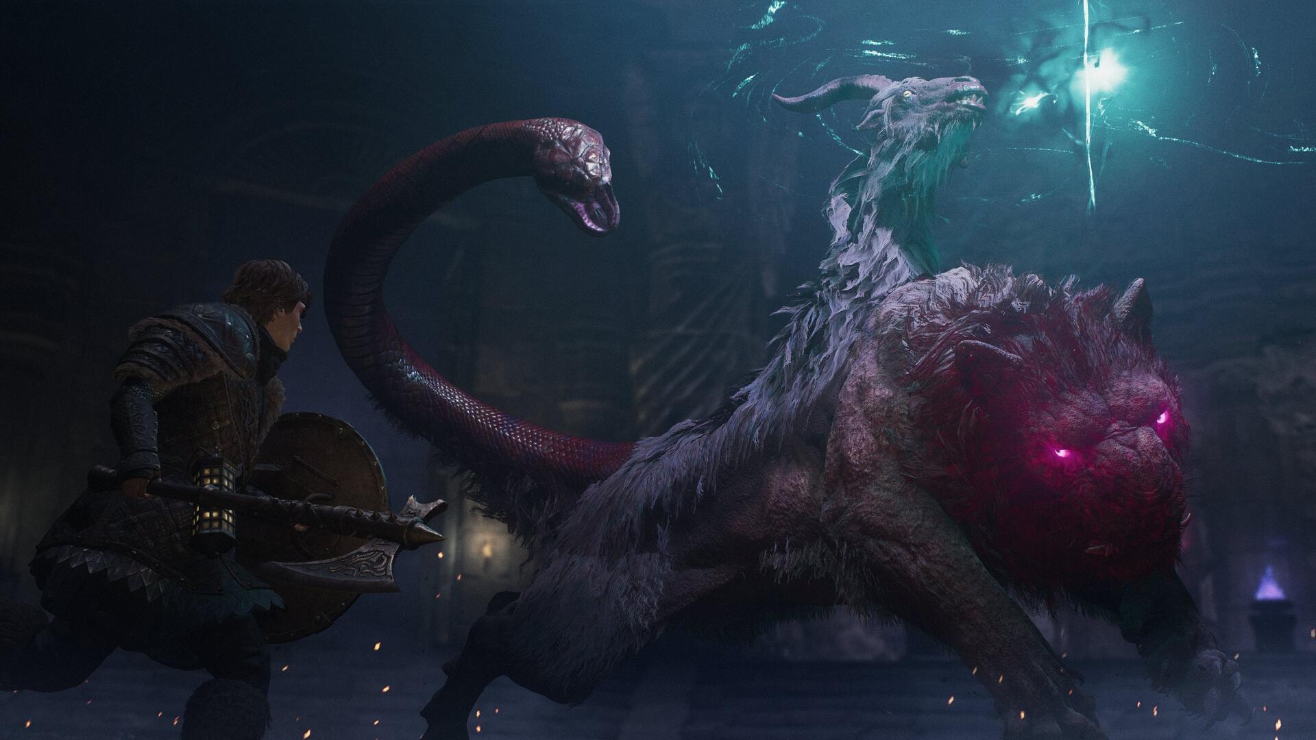 Dragon’s Dogma 2 4K Ultra HD PC wallpaper of an adventurer confronting a glowing-eyed sea monster underwater.