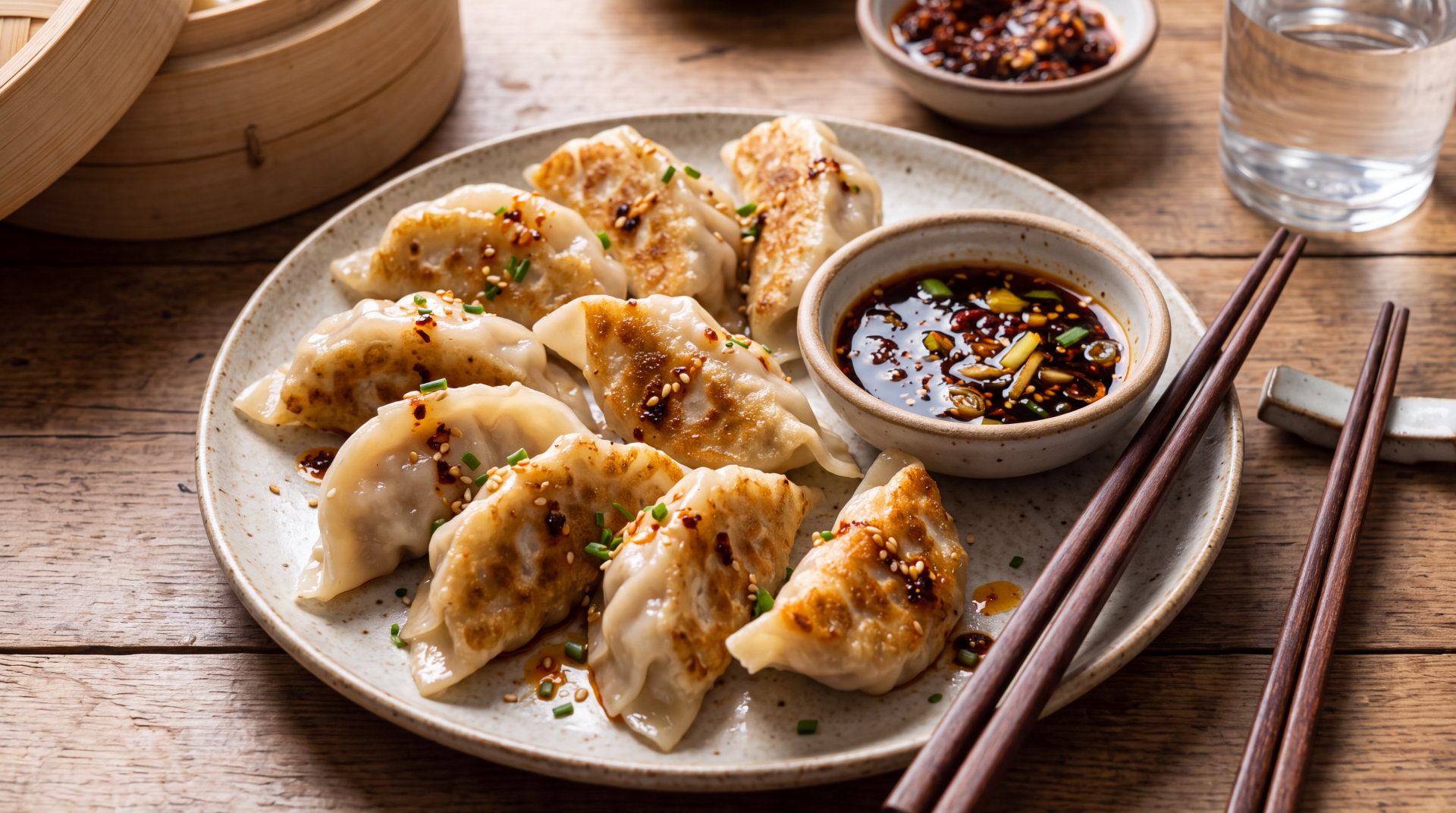 Golden potstickers with soy dipping sauce on a rustic table, featured in a 5K Ultra HD PC desktop wallpaper and background.