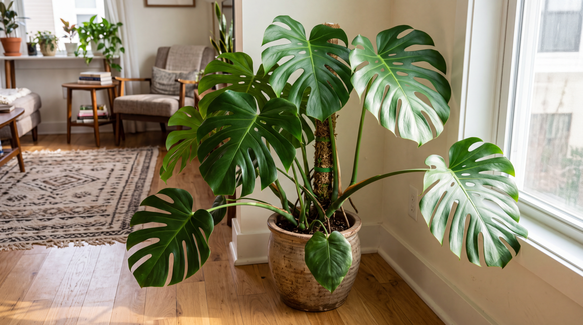 Lush monstera houseplant in a woven pot beside a bright living room window, 5K Ultra HD PC desktop wallpaper and background.