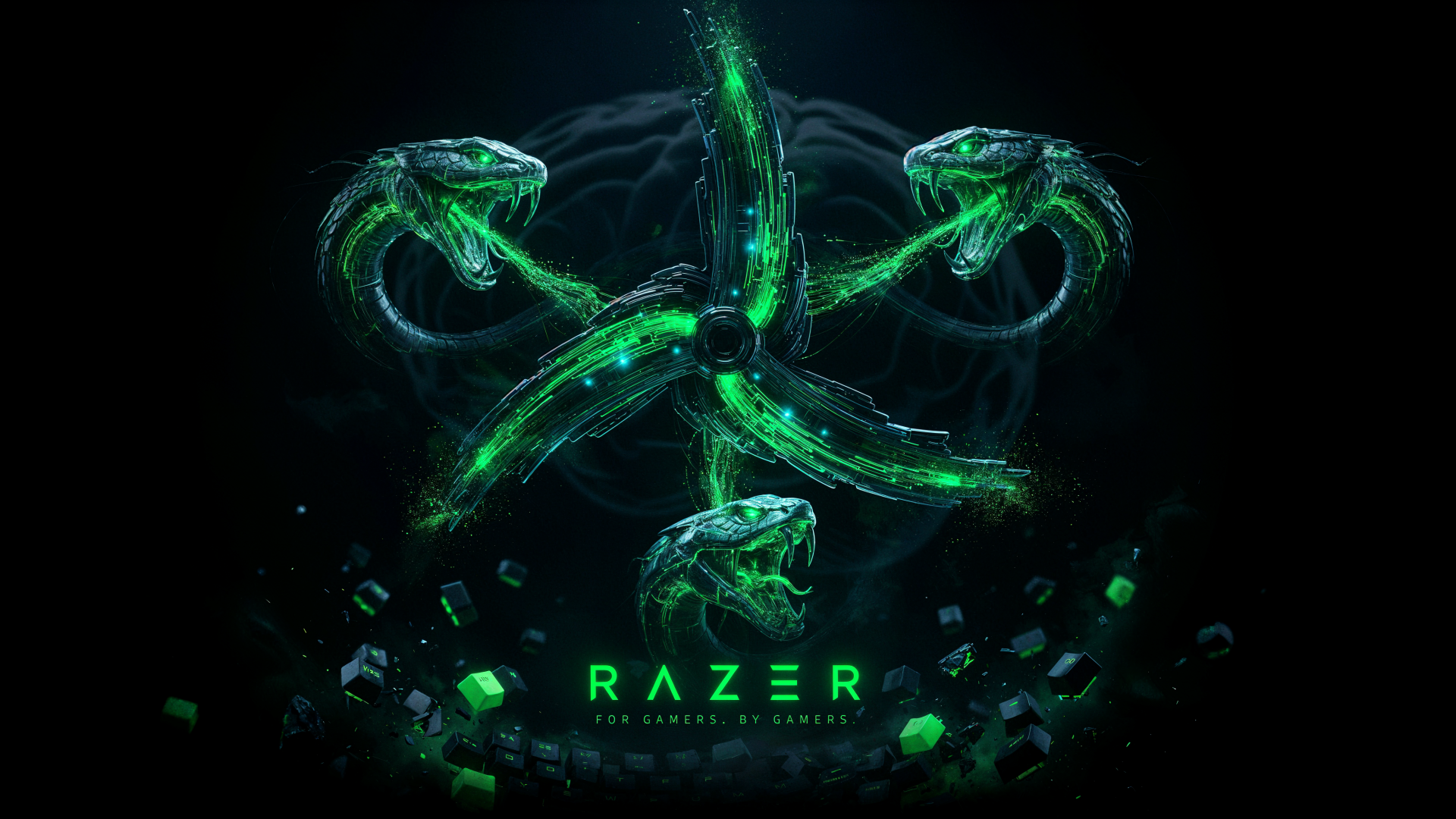 Green Razer snake logo and glowing RAZER text on a dark background, 4K Ultra HD video game PC desktop wallpaper.