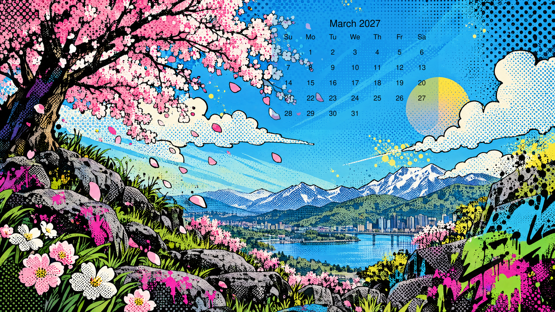 March 2027 calendar over a vibrant cherry blossom mountain and lake landscape, 4K Ultra HD PC desktop wallpaper and background.