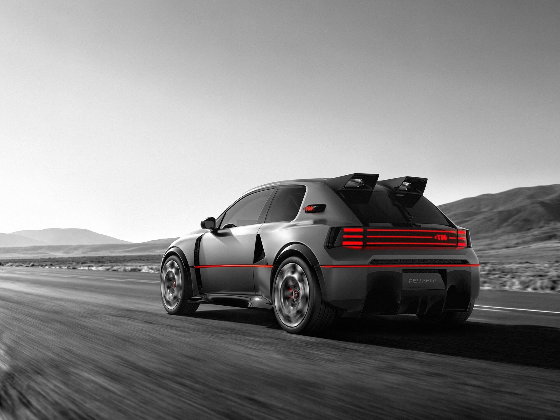 Peugeot E-T16 Concept sports car on a scenic road, rendered in monochrome with red accents, HD desktop wallpaper background.