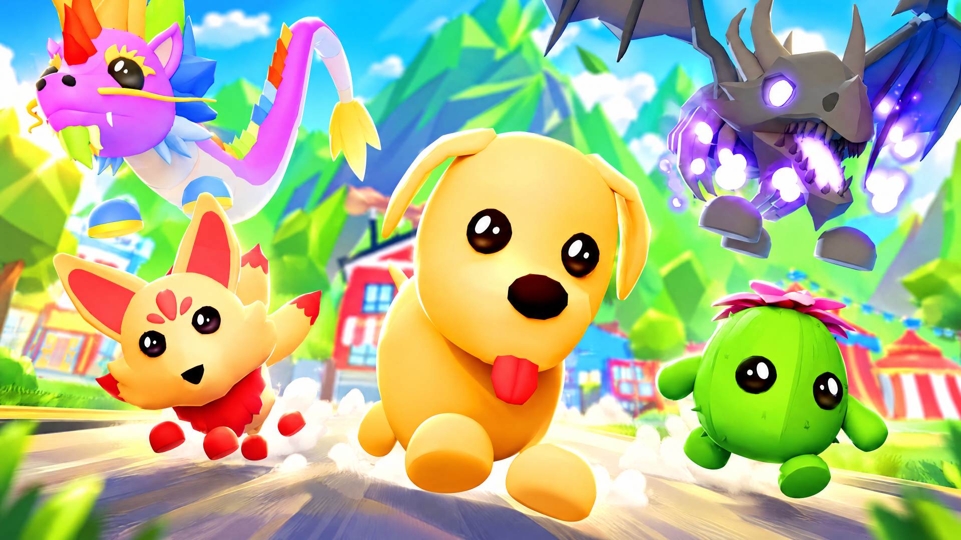 Roblox Adopt Me! 4K Ultra HD desktop wallpaper featuring a cheerful cartoon puppy and colorful pets