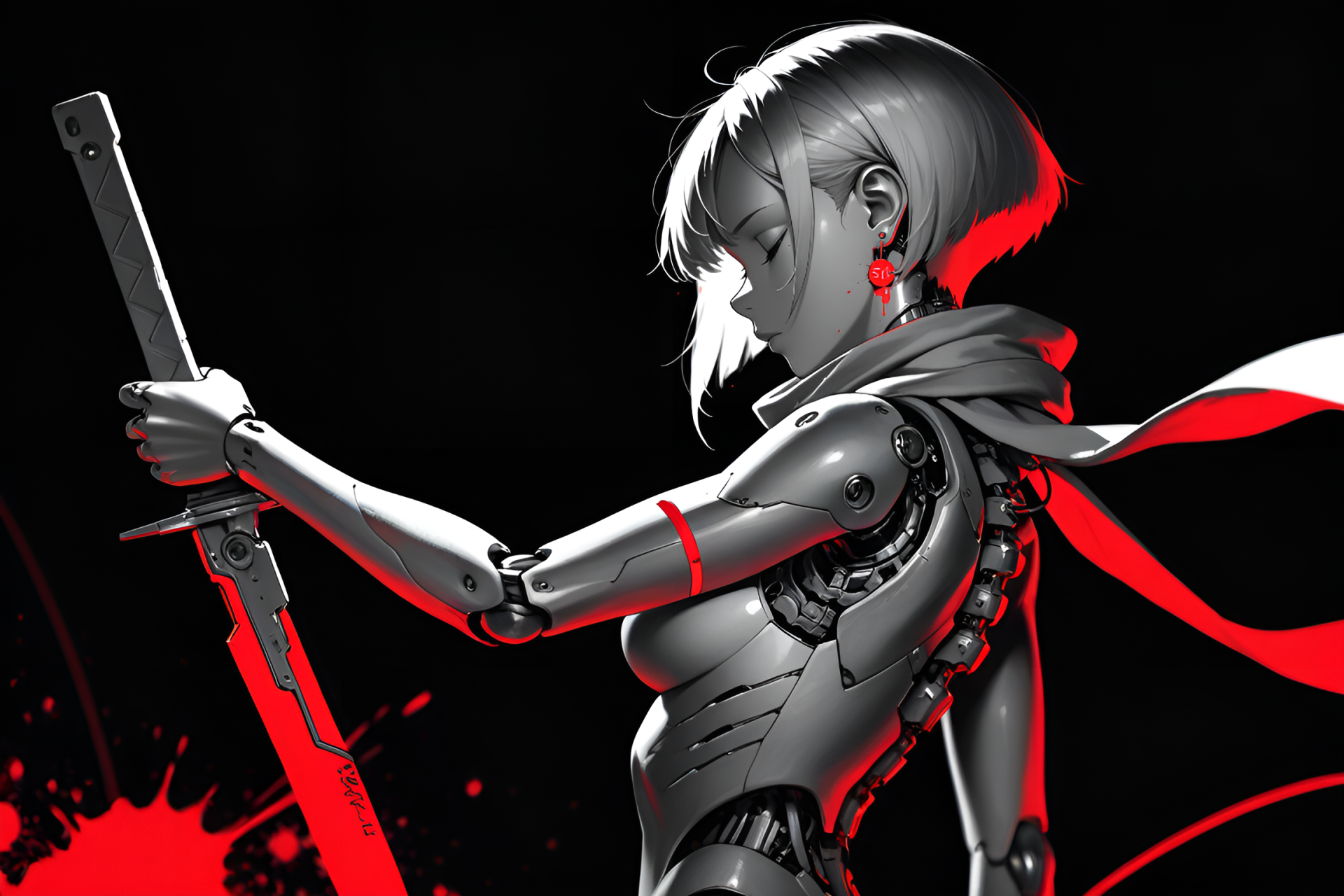 Monochrome cyberpunk warrior wielding a sword with flowing red ribbons, HD PC desktop wallpaper and background.