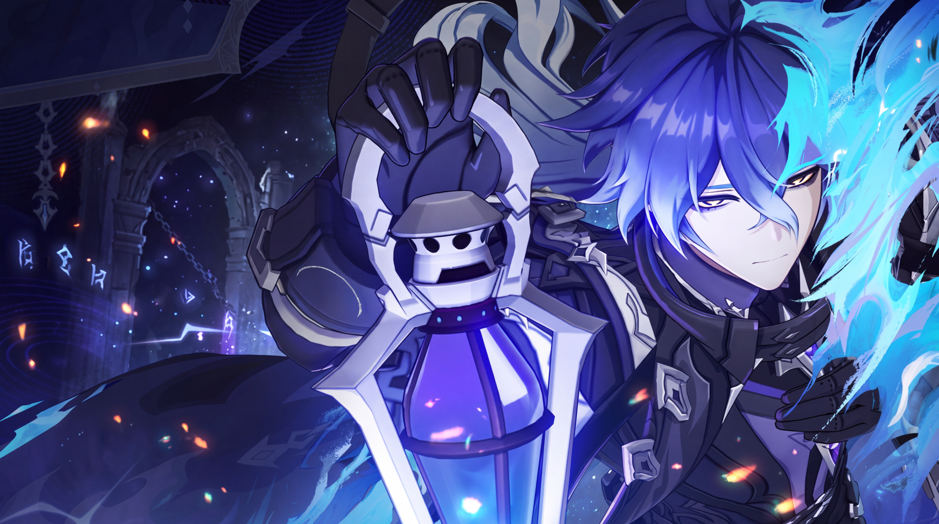 5K Ultra HD Genshin Impact desktop wallpaper featuring blue-haired anime boy Flins beside a futuristic armored figure amid glowing blue effects.