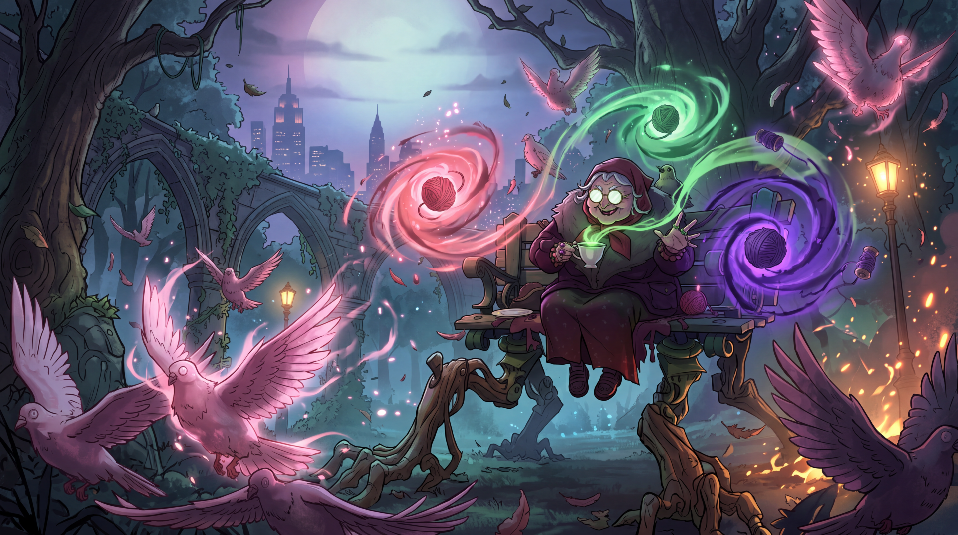 Baba the wizard conjures swirling magical portals in a fantasy forest, Deadlock (2024) 5K Ultra HD PC desktop wallpaper.