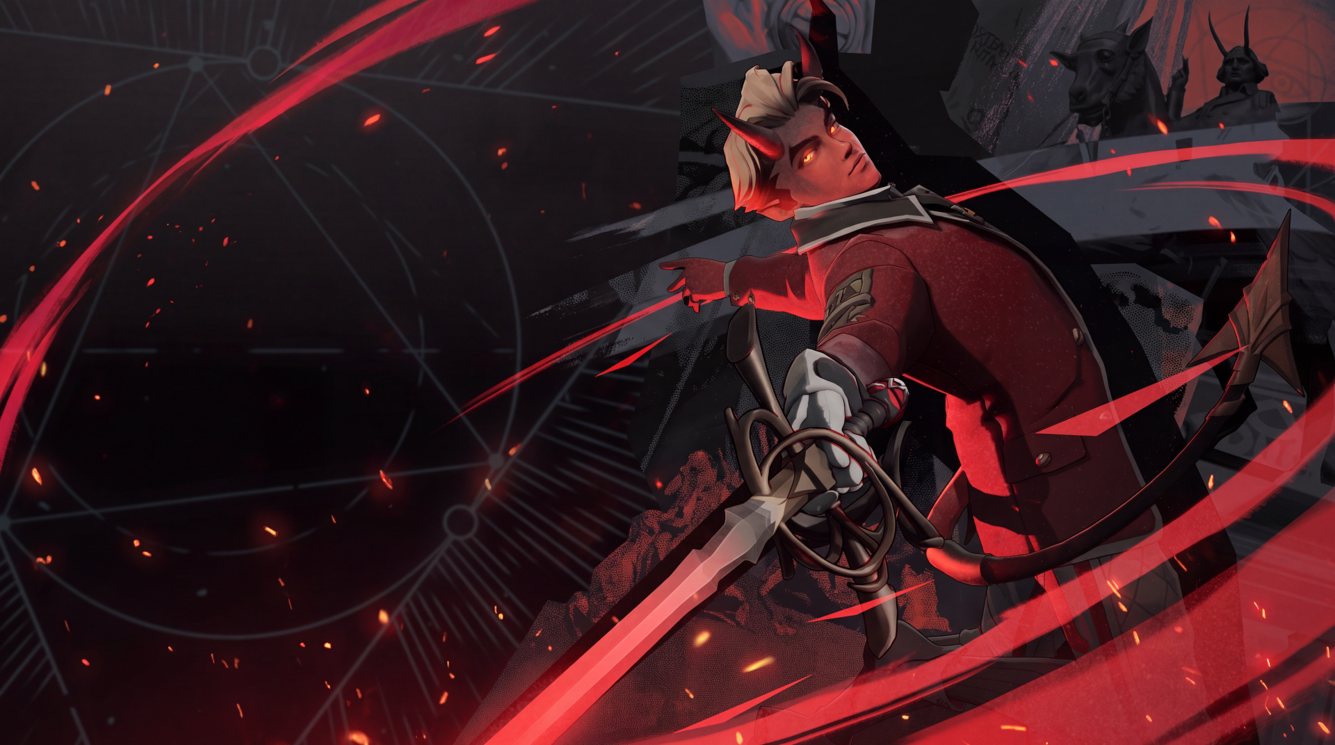 Apollo from Deadlock (2024), an anime warrior wielding a sword amid dramatic red and black effects, in a 5K Ultra HD PC desktop wallpaper.