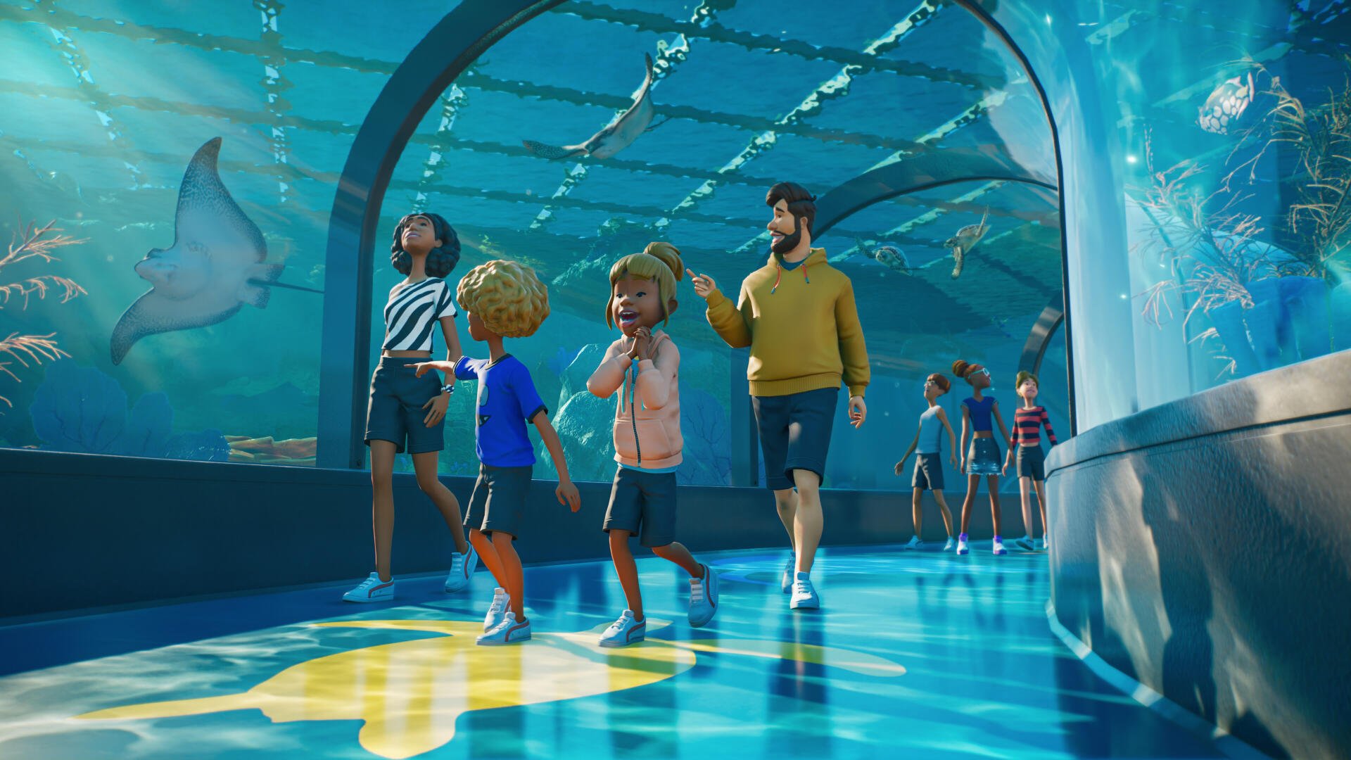 Planet Zoo 2 4K Ultra HD PC desktop wallpaper of a family exploring an aquarium underwater tunnel with sharks and rays.