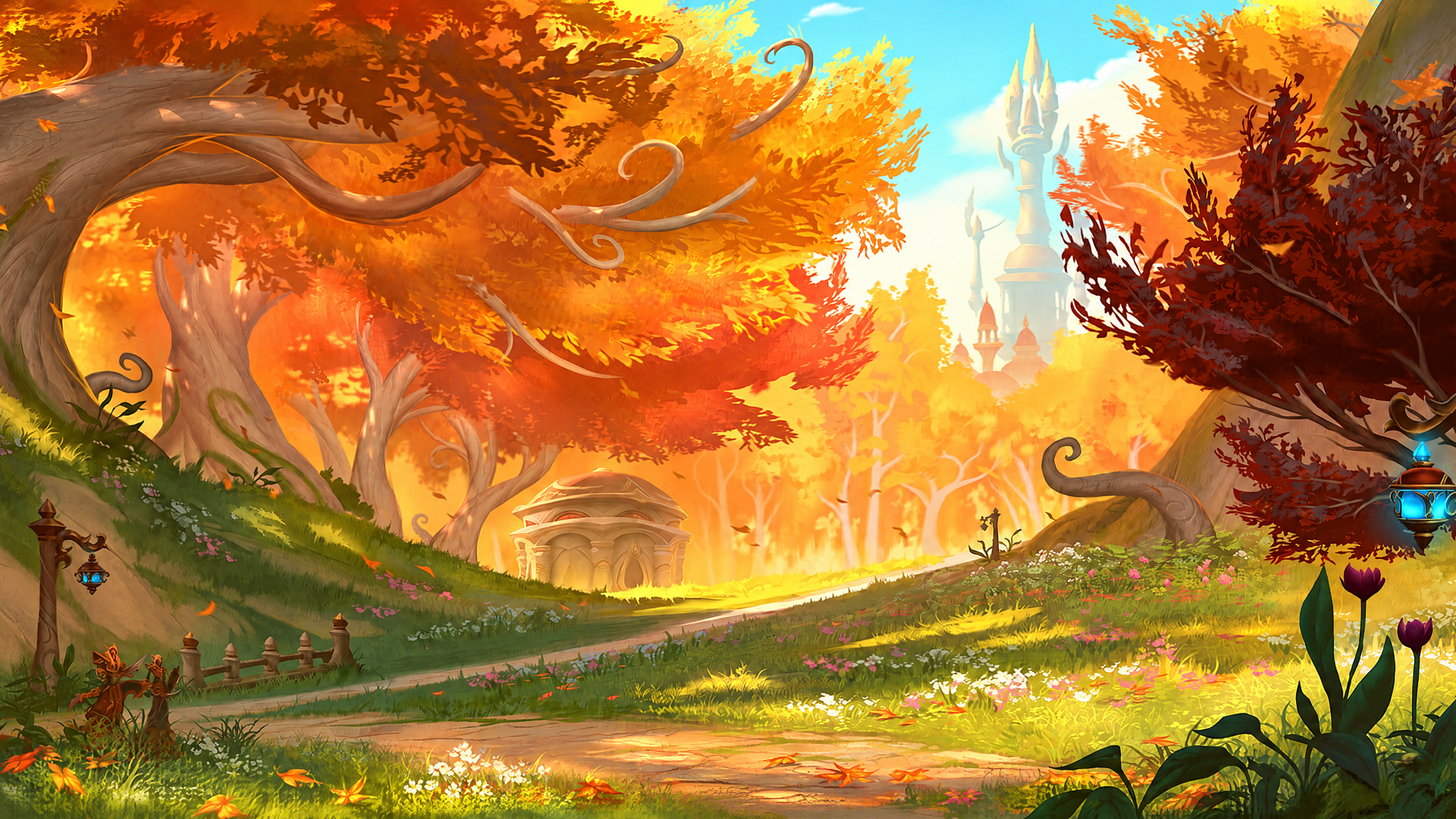 World of Warcraft: Midnight autumn forest with golden trees and a distant city, 4K Ultra HD PC desktop wallpaper and background.