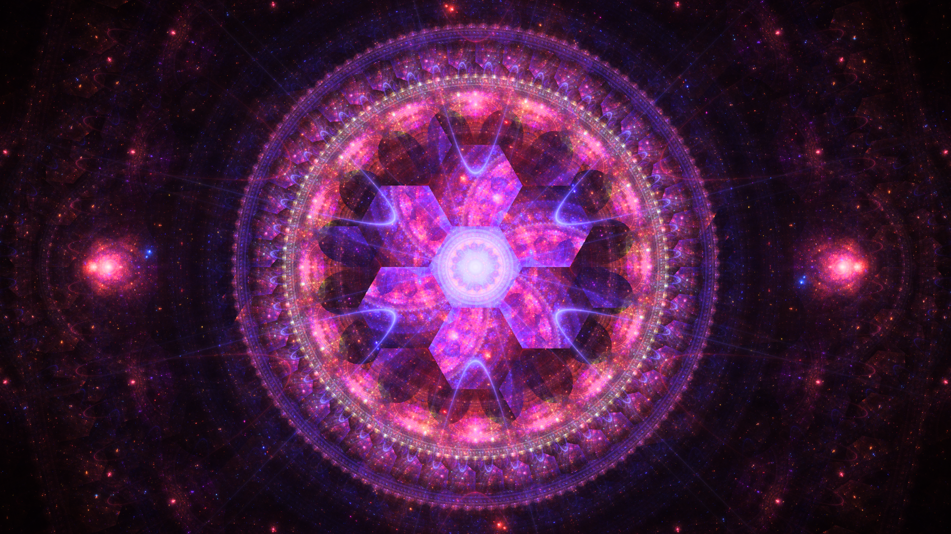 Vibrant purple fractal mandala glowing in a starry space scene, 4K Ultra HD PC desktop wallpaper and background.