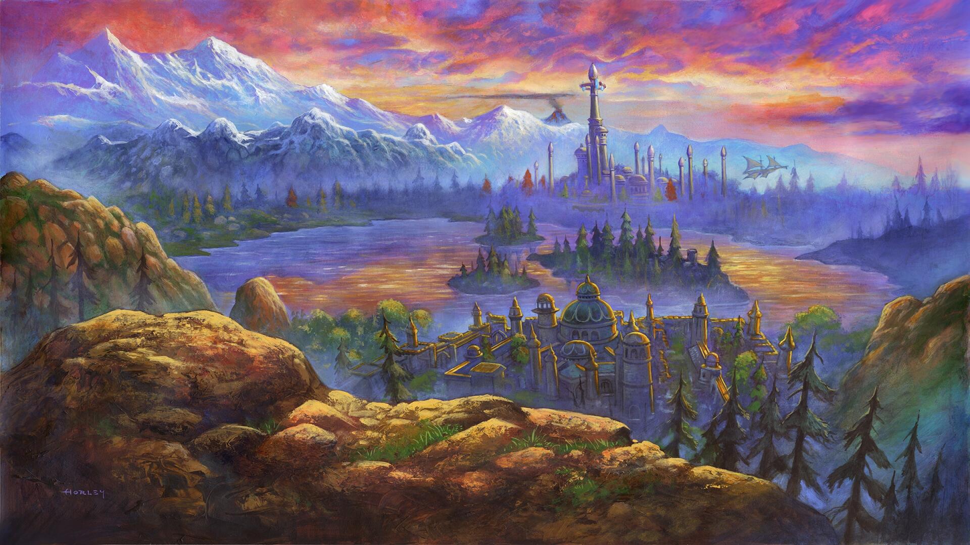 World of Warcraft fantasy mountain landscape with a distant castle beneath a vibrant sunset, HD PC desktop wallpaper and background.