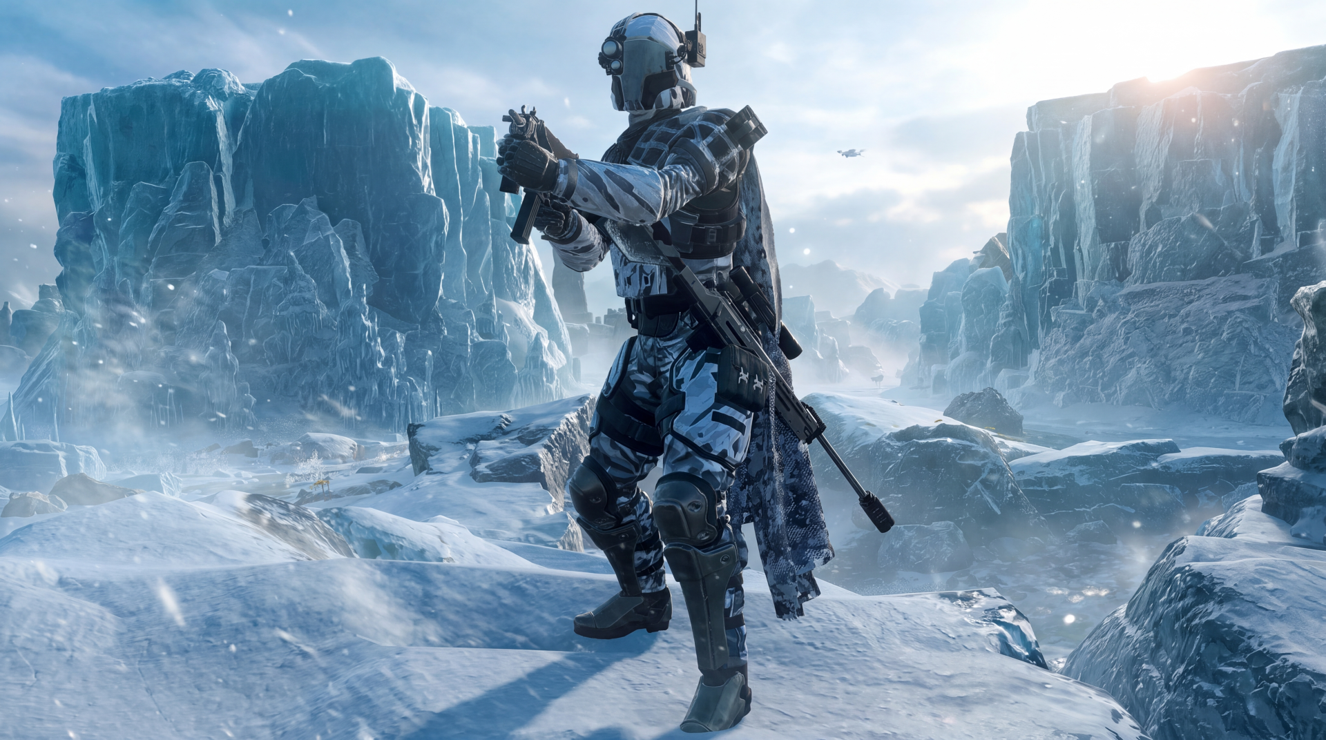 Helldivers 2 soldier with rifle on a frozen, snow-covered battlefield, 5K Ultra HD PC desktop wallpaper.