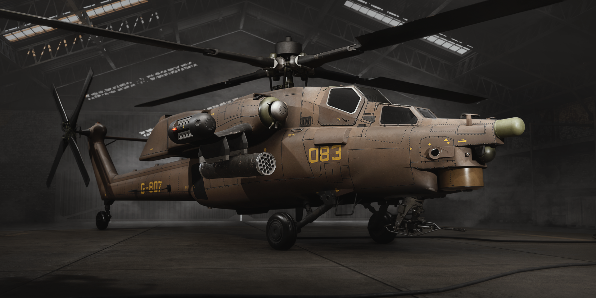 WARDOGS attack helicopter military aircraft in a dark hangar, featured in a 2K Quad HD PC desktop wallpaper.