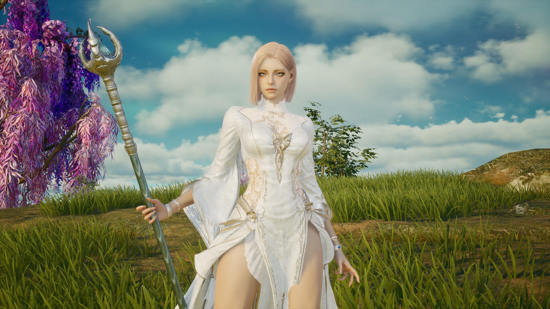 Aion 2 HD PC desktop wallpaper featuring a woman in white holding a magical staff in a grassy field.