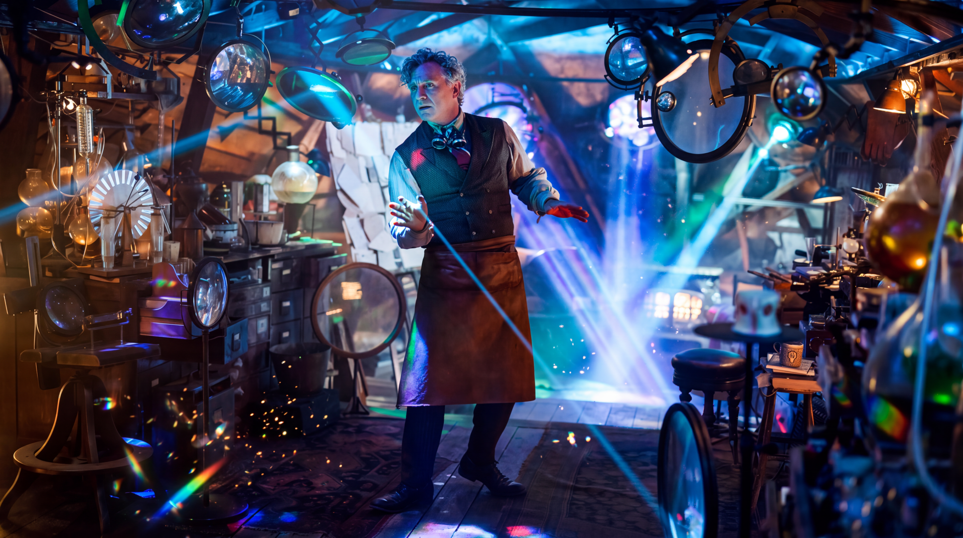 Steampunk scientist in a glowing laboratory, inspired by The Chronicles of Narnia: The Magician’s Nephew, 5K Ultra HD desktop wallpaper.