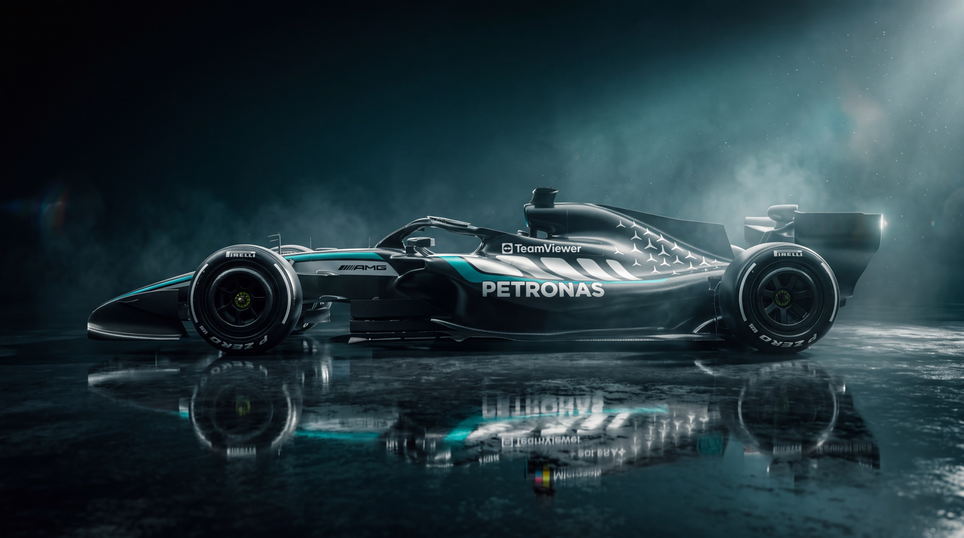 Mercedes-AMG F1 W17 Formula One race car reflected on a wet track, featured in a 5K Ultra HD PC desktop wallpaper and background.