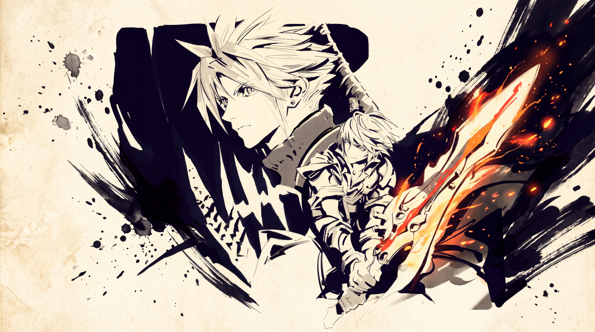 Final Fantasy Resonance anime art featuring Cloud Strife and Rain with a fiery sword, 5K Ultra HD PC desktop wallpaper.