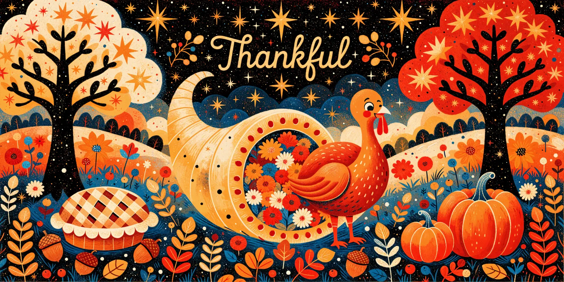 Cute Thanksgiving turkey, pumpkins, and autumn florals beneath a “Thankful” message, 4K Ultra HD desktop wallpaper.