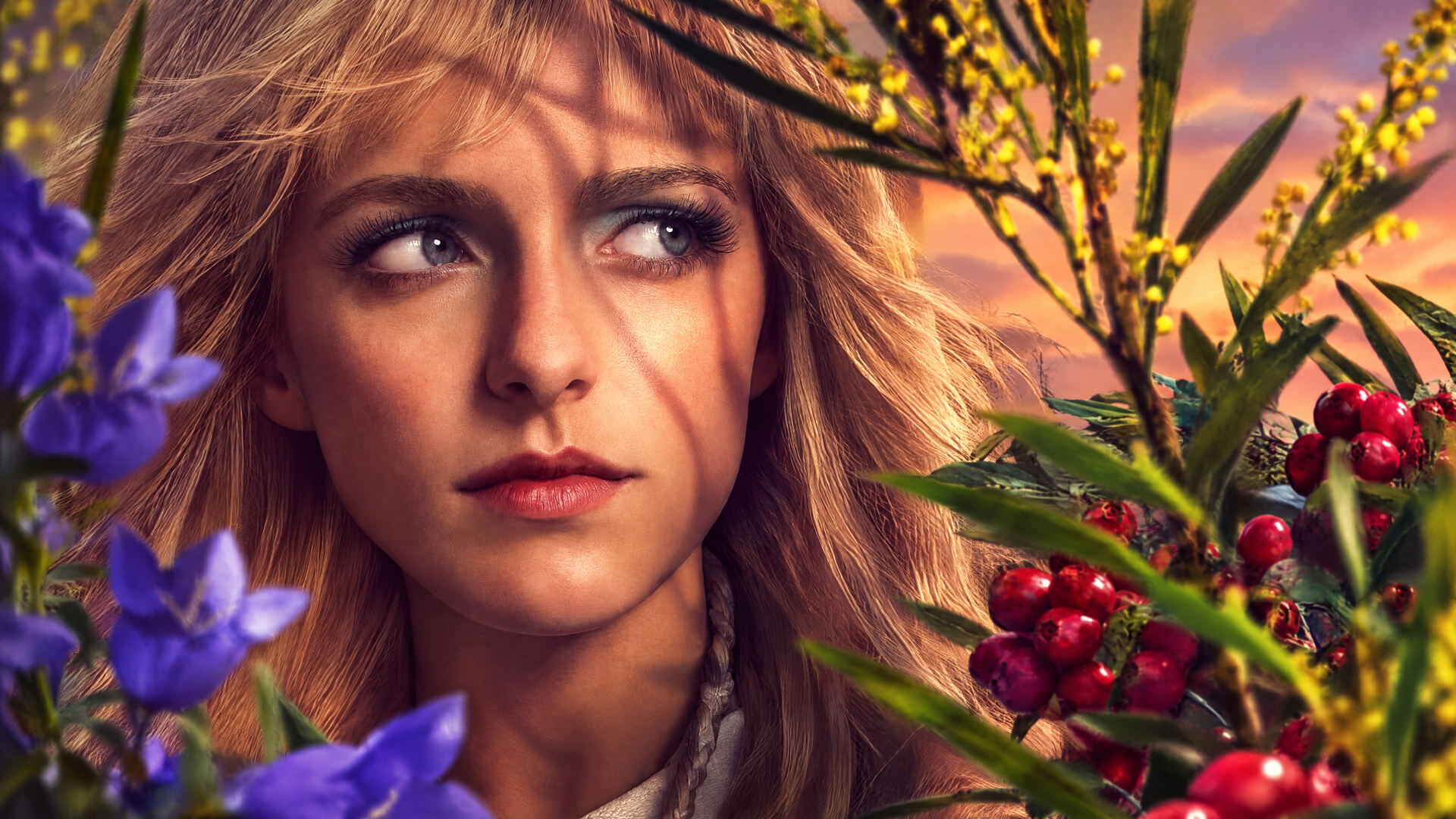 Maysilee Donner from The Hunger Games in a floral portrait, 4K Ultra HD PC desktop wallpaper and background.