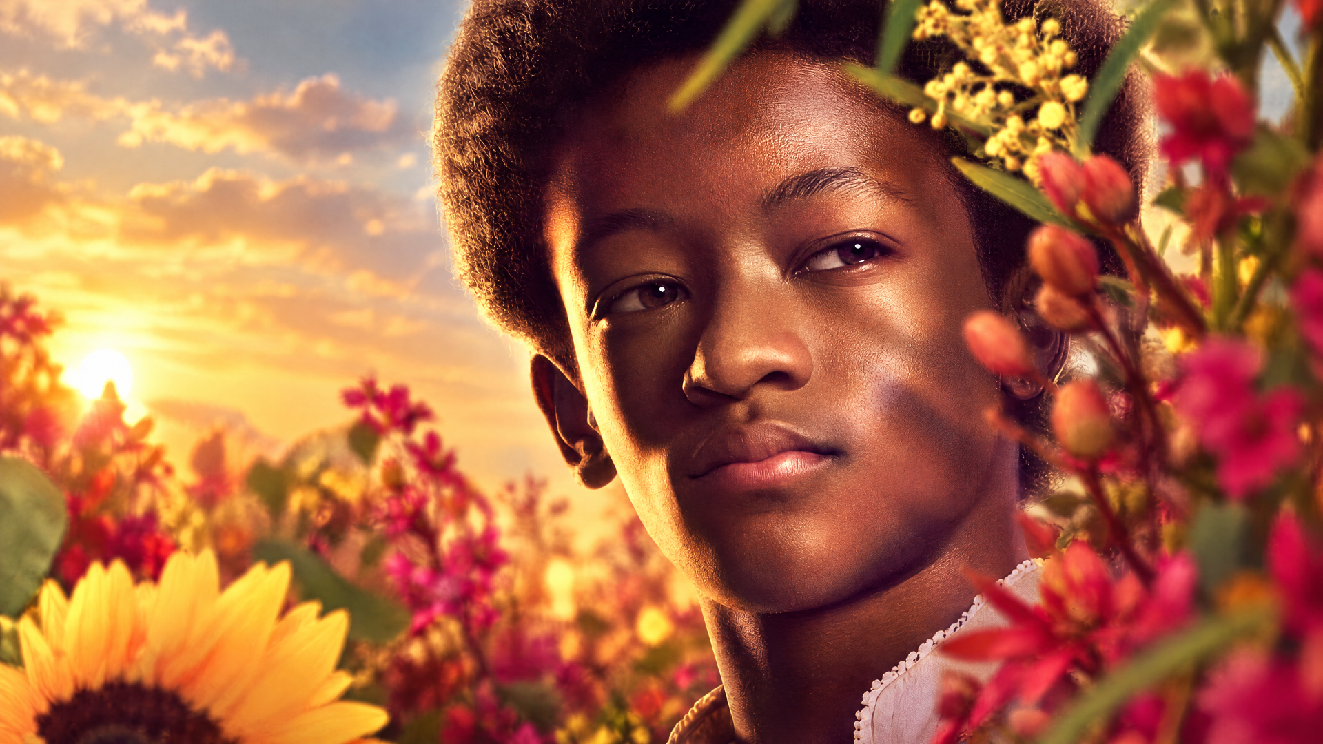 Ampert from The Hunger Games in a flower-filled sunset portrait, 4K Ultra HD PC desktop wallpaper and background.