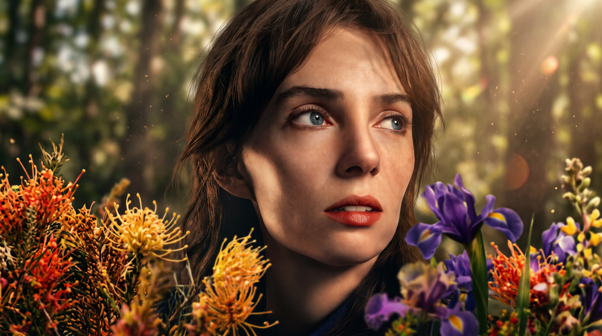 Wiress from The Hunger Games in a flower-filled forest portrait, featured in a 5K Ultra HD PC desktop wallpaper.