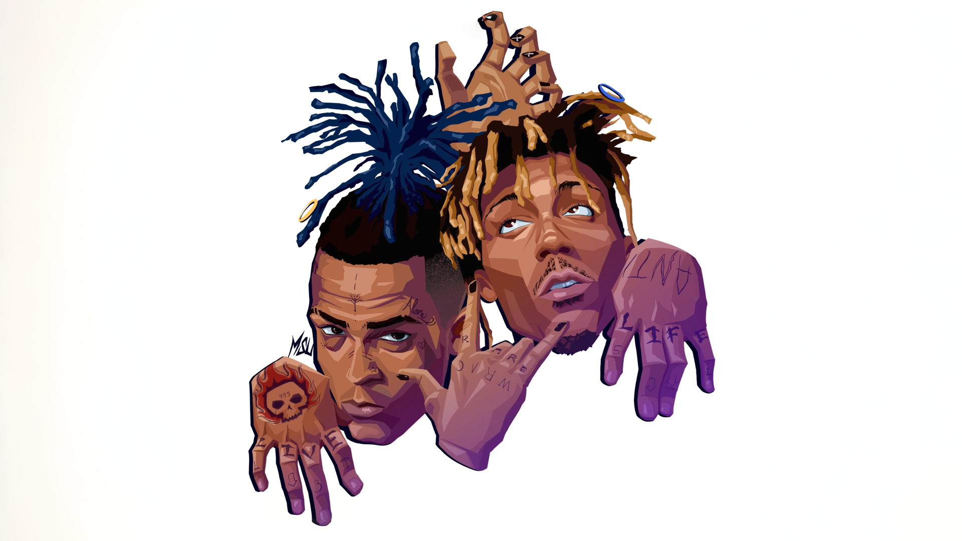Illustrated portrait of XXXTentacion and Juice WRLD, 4K Ultra HD PC desktop wallpaper and background.