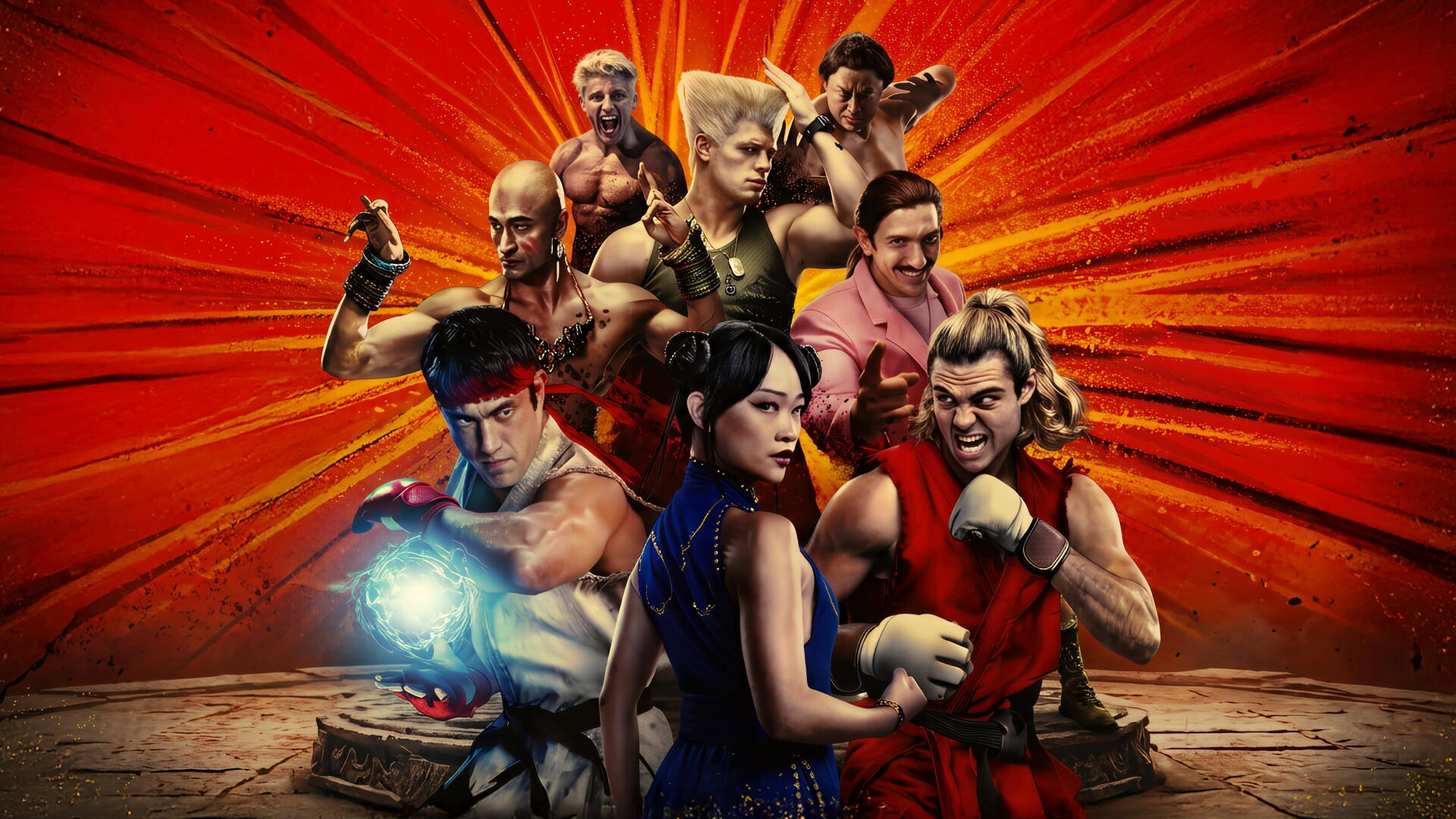 Street Fighter fighters pose against a fiery red backdrop in this 4K Ultra HD PC desktop wallpaper and background.