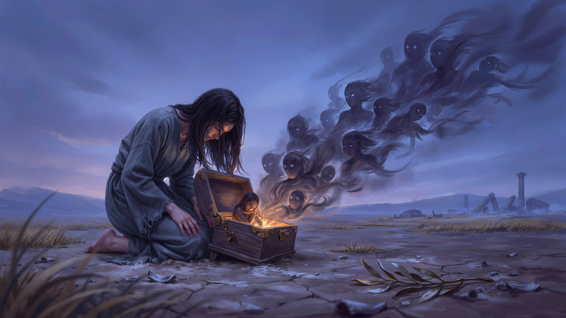 A woman opens Pandora’s treasure chest as dark smoke rises, in a 4K Ultra HD PC desktop wallpaper background.