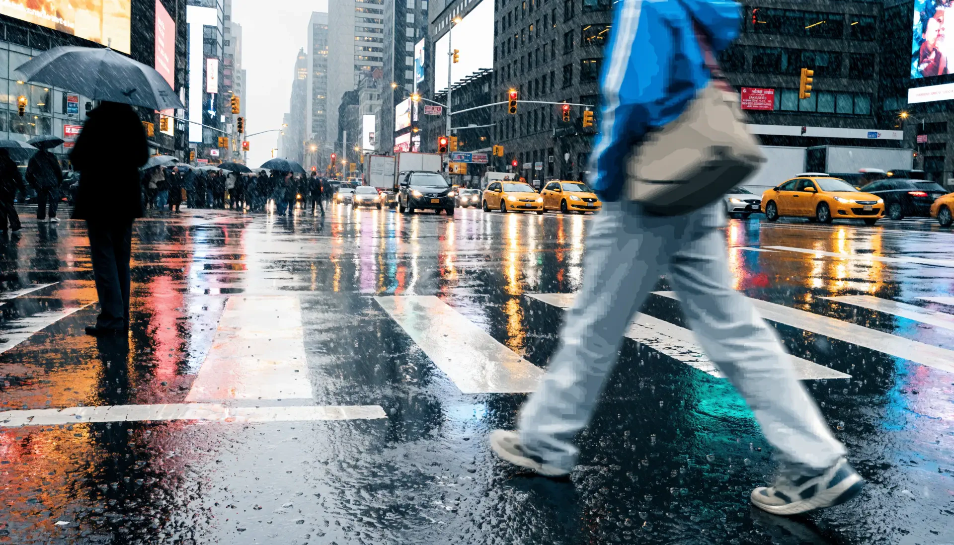 Rainy city street photography of a pedestrian crossing reflective pavement among taxis, 4K Ultra HD PC desktop wallpaper and background.