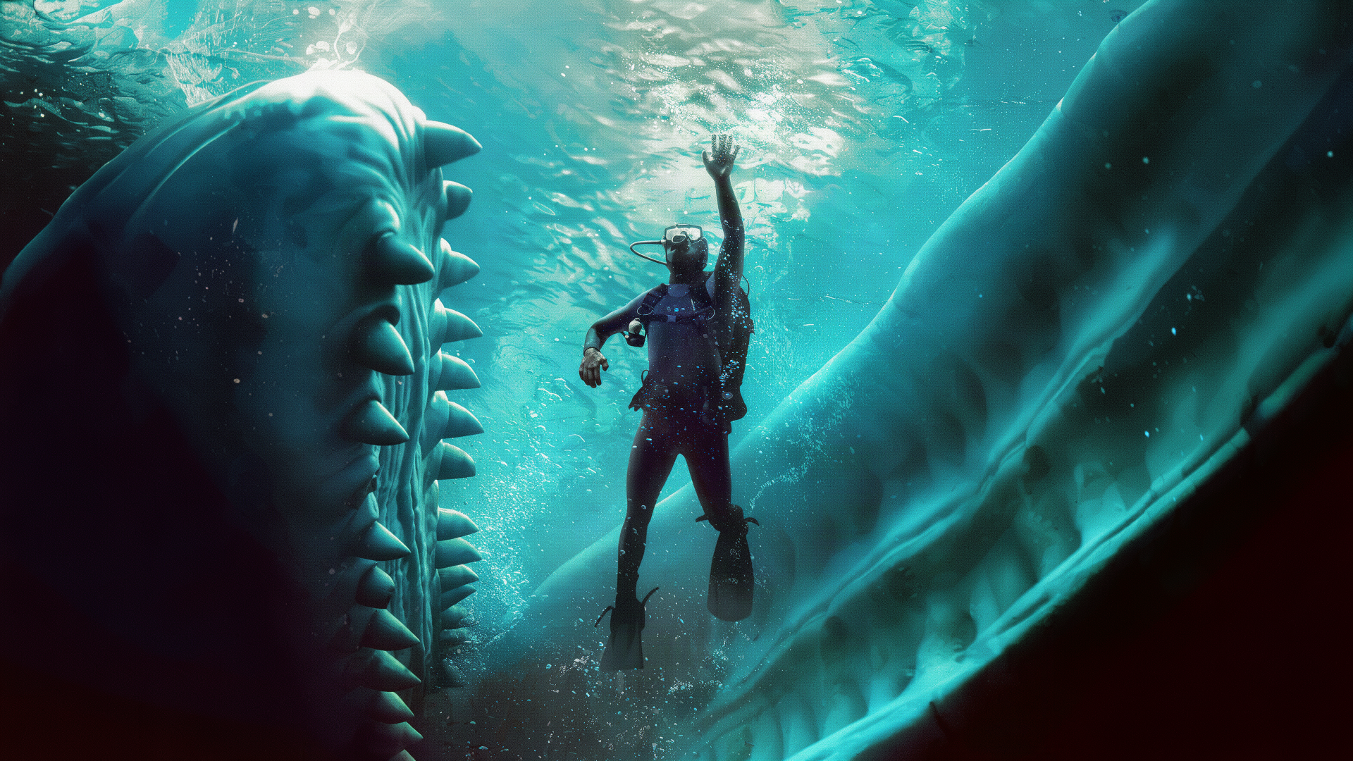 Whalefall (2026) 4K Ultra HD desktop wallpaper of a diver underwater beside a massive shark in glowing blue water.